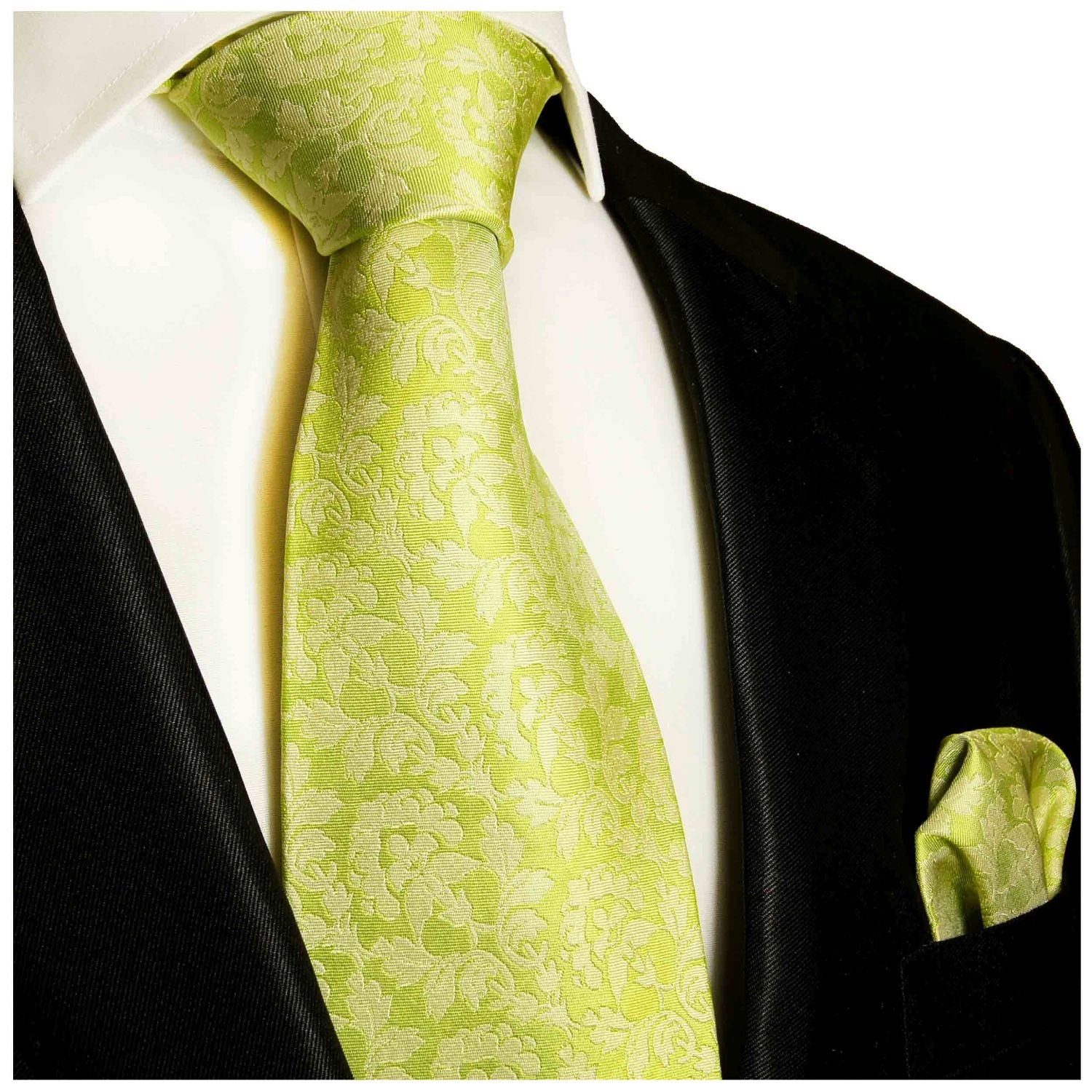 (8cm), und 100% Malone 906 Krawatte geblümt Seidenkrawatte Tuch Krawatte grün Seide mit Paul 2-St., (Set, Breit Einstecktuch) Herren