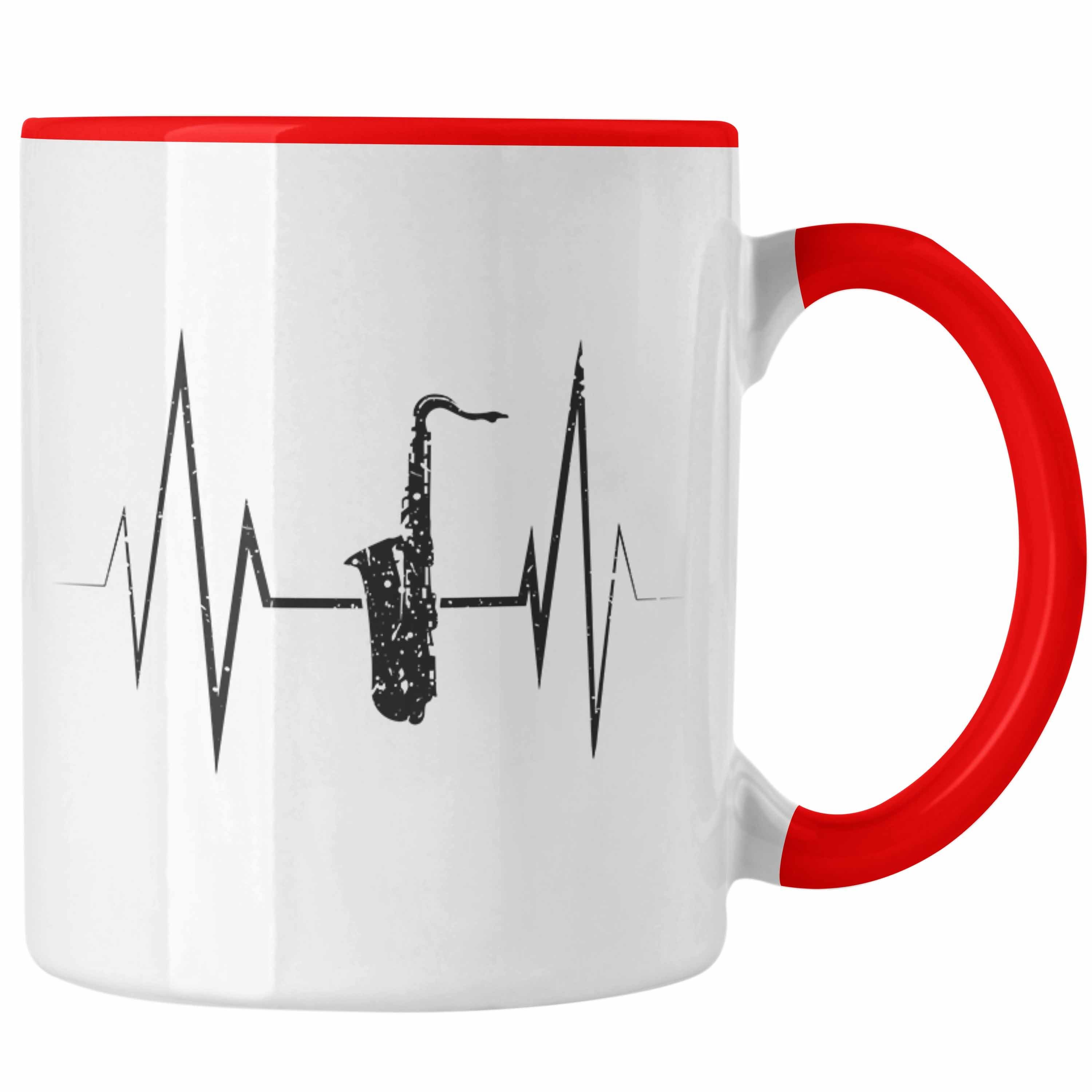 Trendation Tasse Saxophon Tasse Geschenk Herzschlag Saxophonist Kaffeebecher Geschenki Rot