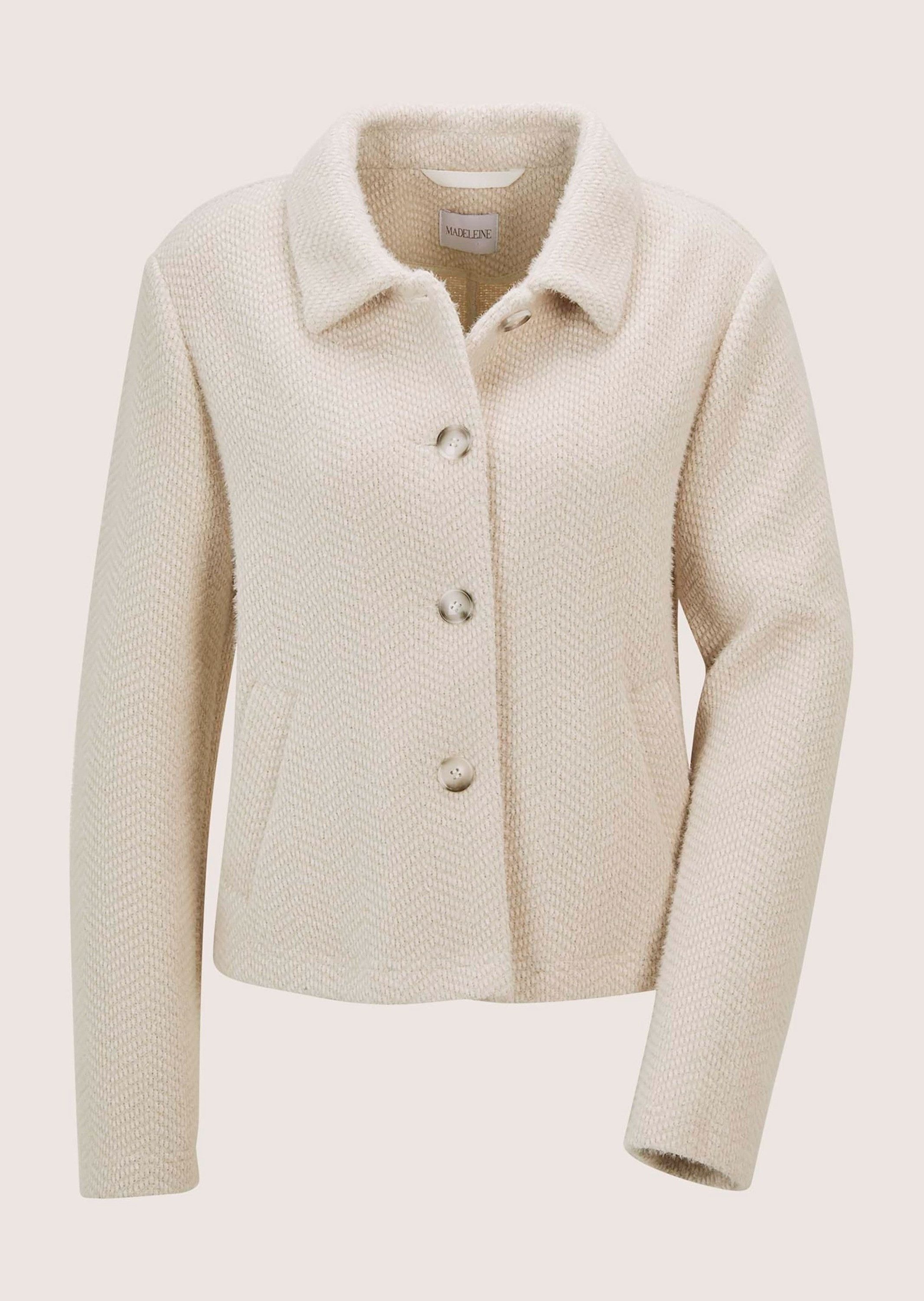 MADELEINE Kurzblazer Eleganter Damenblazer mit Hornknöpfen Kastige Form, stilvoller Klappkragen, Fransengarn im Wellen-Look