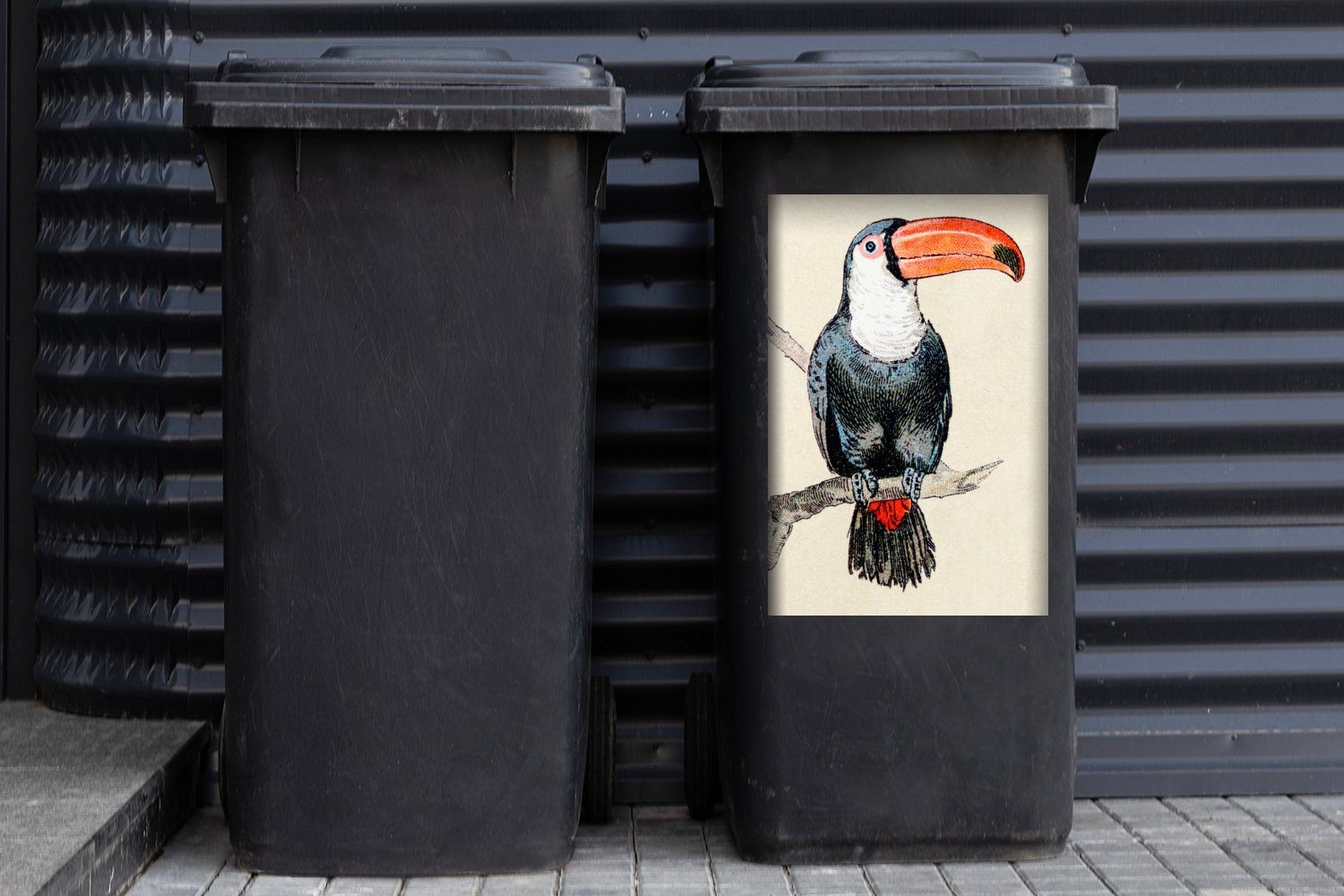 Container, Eine bunte Illustration Wandsticker eines Sticker, Mülleimer-aufkleber, MuchoWow (1 Mülltonne, Abfalbehälter Tukans St),