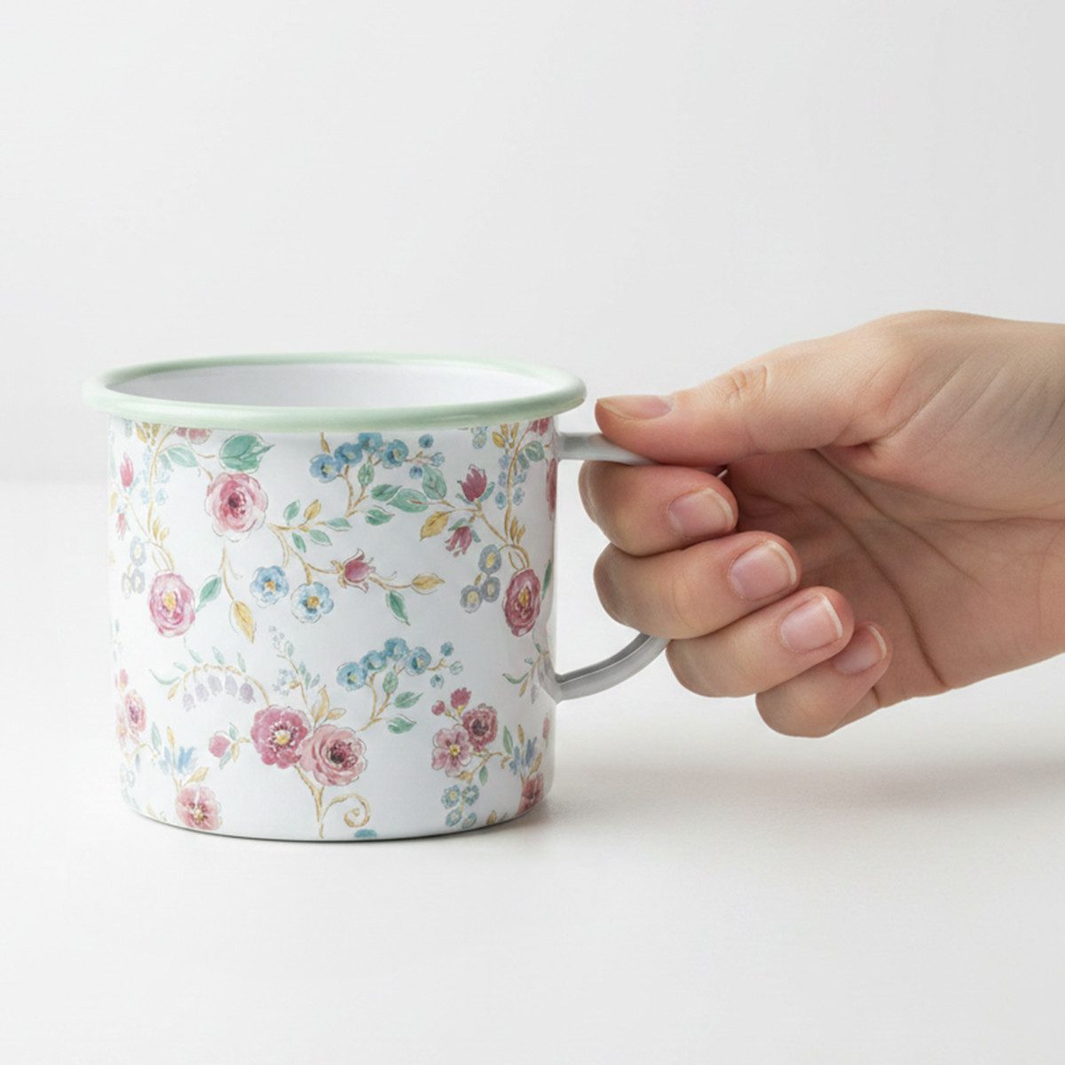 Florists Products Übertopf Pflanztasse Rosen Emaille Deko Tasse Weiß mit Henkel Ø9,5cm