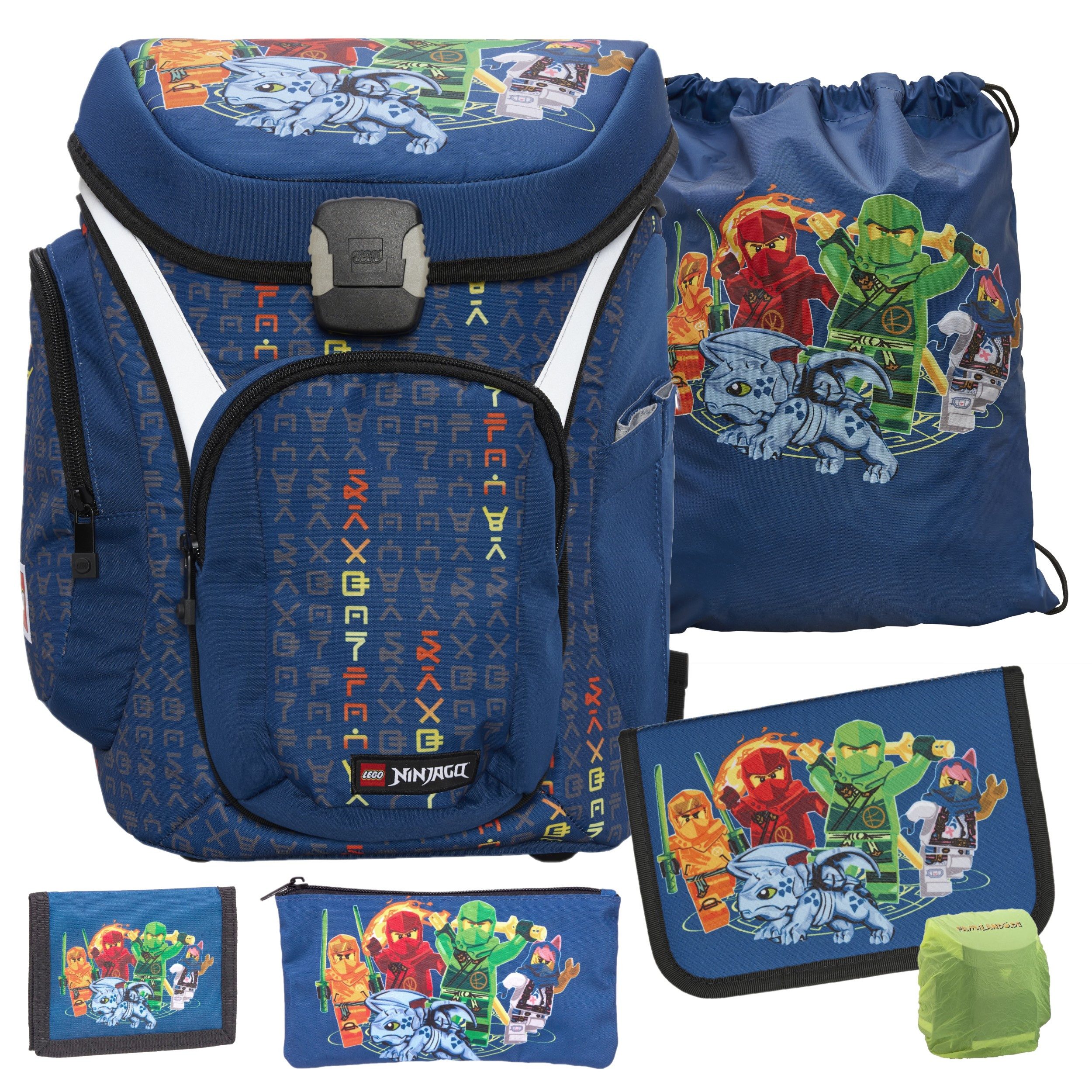 LEGO® Bags Ранцы Lego Ninjago Einschulungs-Set "Explorer" mit gefüllter Federmappe (Set, 6-tlg., mit Schlamper, Turn- & Geldbeutel), ab der 1. Klasse, Ergonomisch, 16L Volumen, wasserabweisend