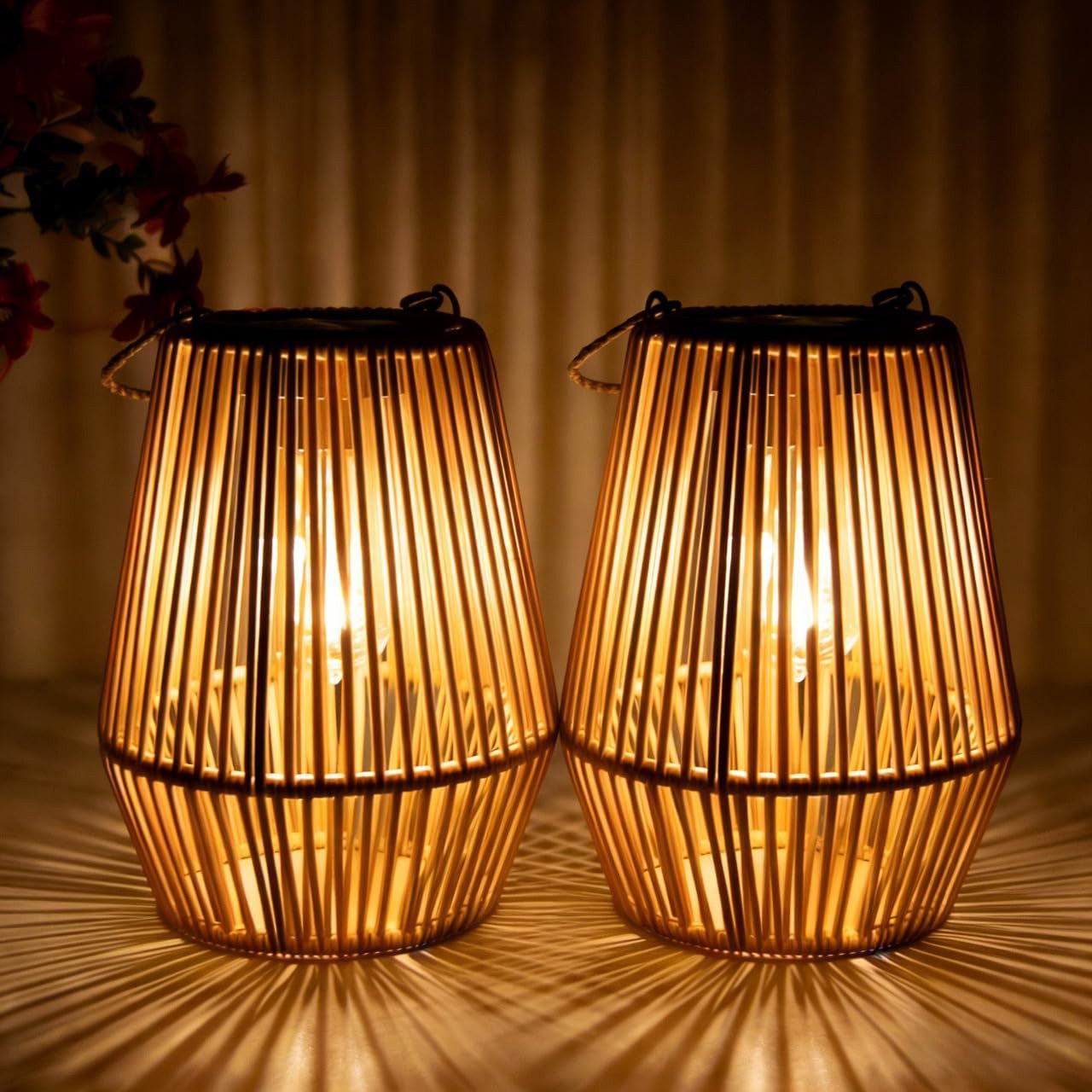 LED Laterne 2er Set Solar Laternen für Außen Rattan Hängend IP65 Wasserdicht