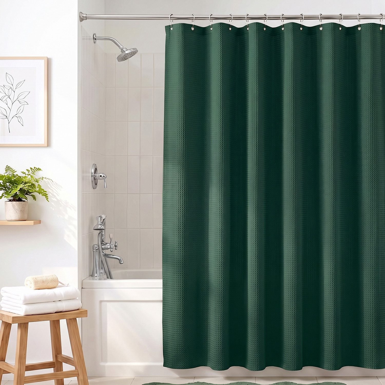 Sekey Duschvorhang Textil Duschvorhang Wannenvorhang Waschbar wasserabweisend mit Ringe Breite 180 cm (Packung, inkl. 12 Ringe), Badewannenvorh, 100% Polyester, Waffelstoff 180x200cm Dunkelgrün