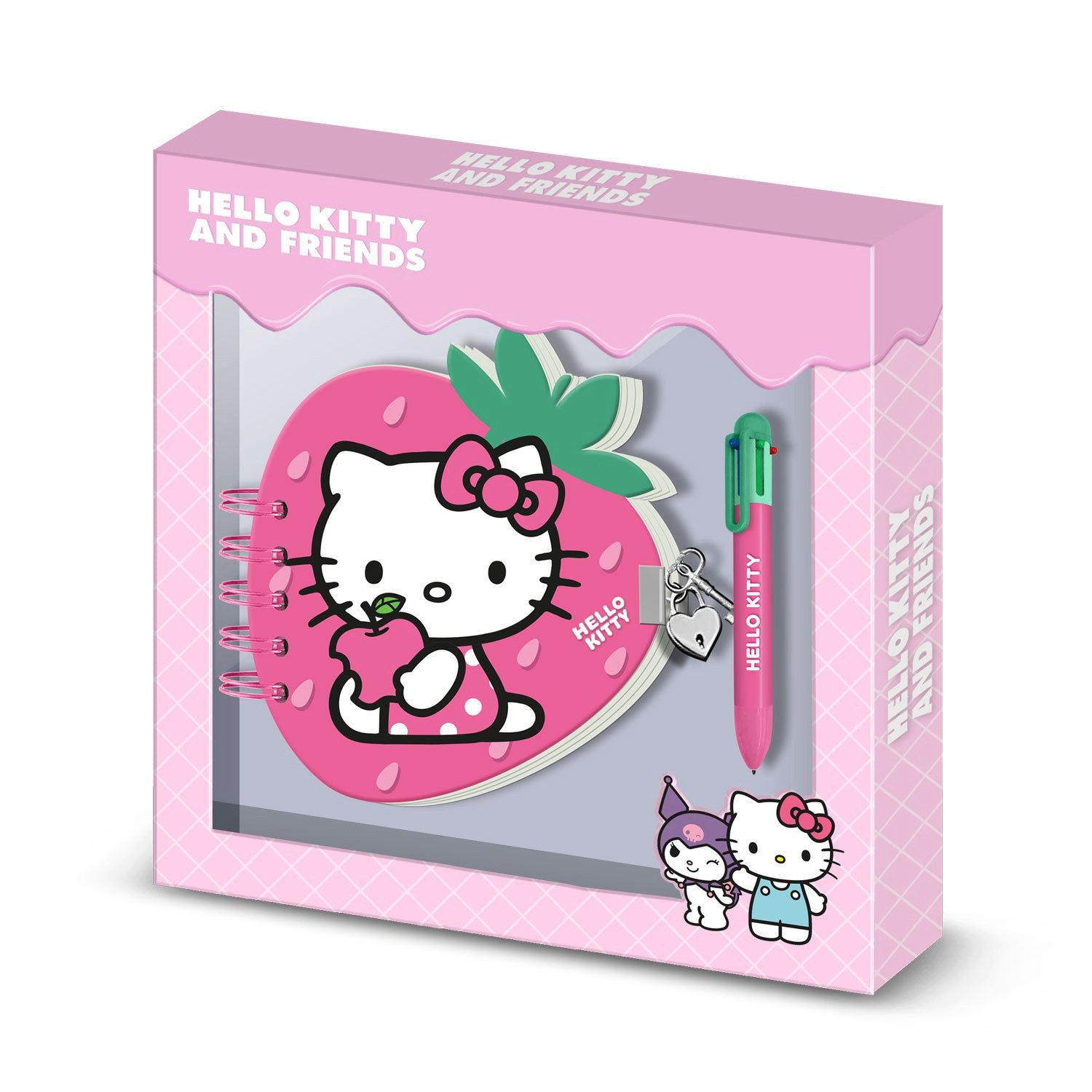 Karactermania Tagebuch Hello Kitty Strawberry Erdbeer-Tagebuch + 6-Farb-Kugelschreiber Rosa