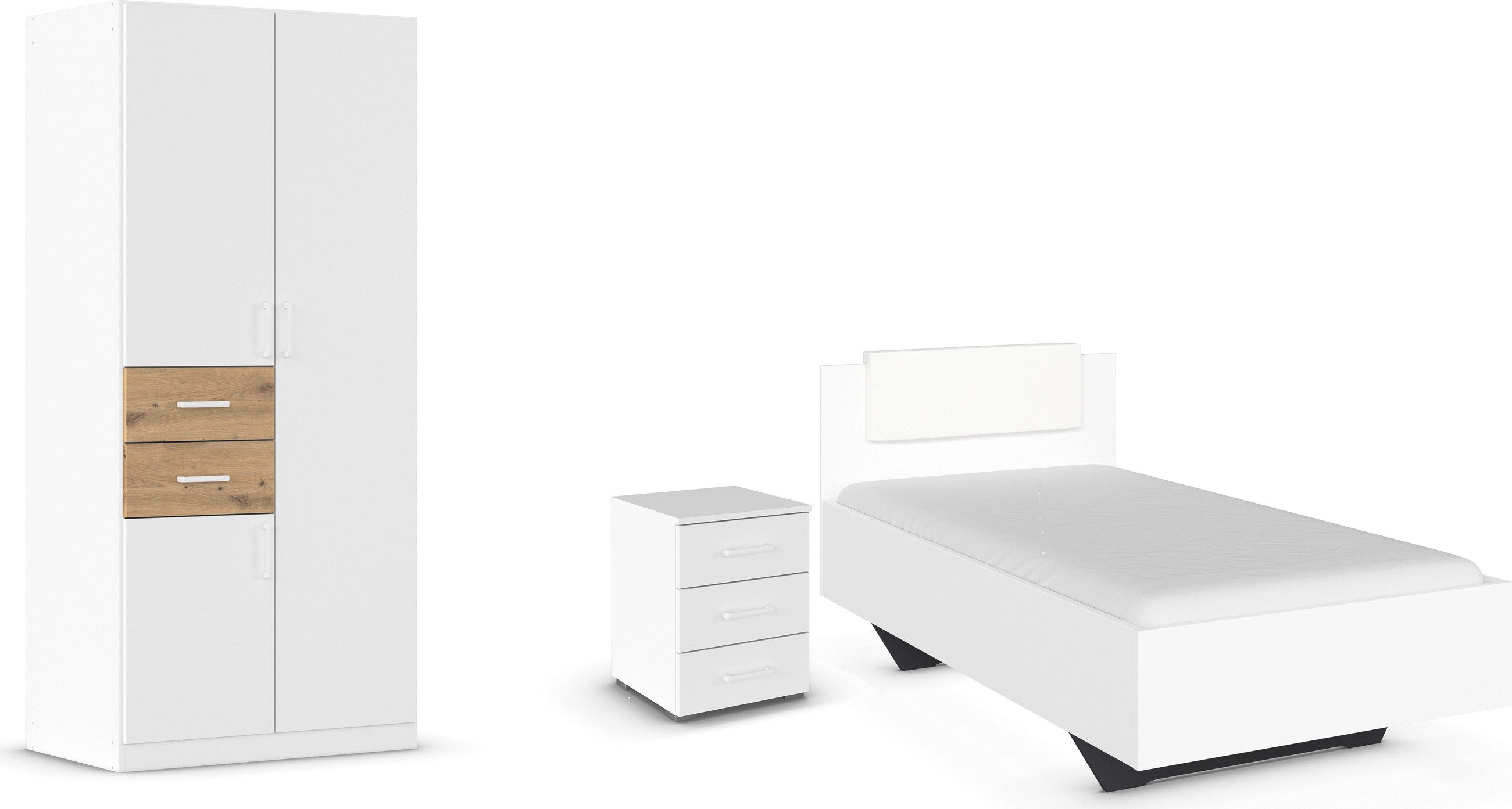 rauch Schlafzimmer-Set Komplettzimmer Komplettschlafzimmer Schlafzimmer-Set (3-St) MAIKA, (Set, 3-tlg), Schrank 3 Breiten, 2 Höhen, Bett 100 cm, Nachttisch MADE IN GERMANY