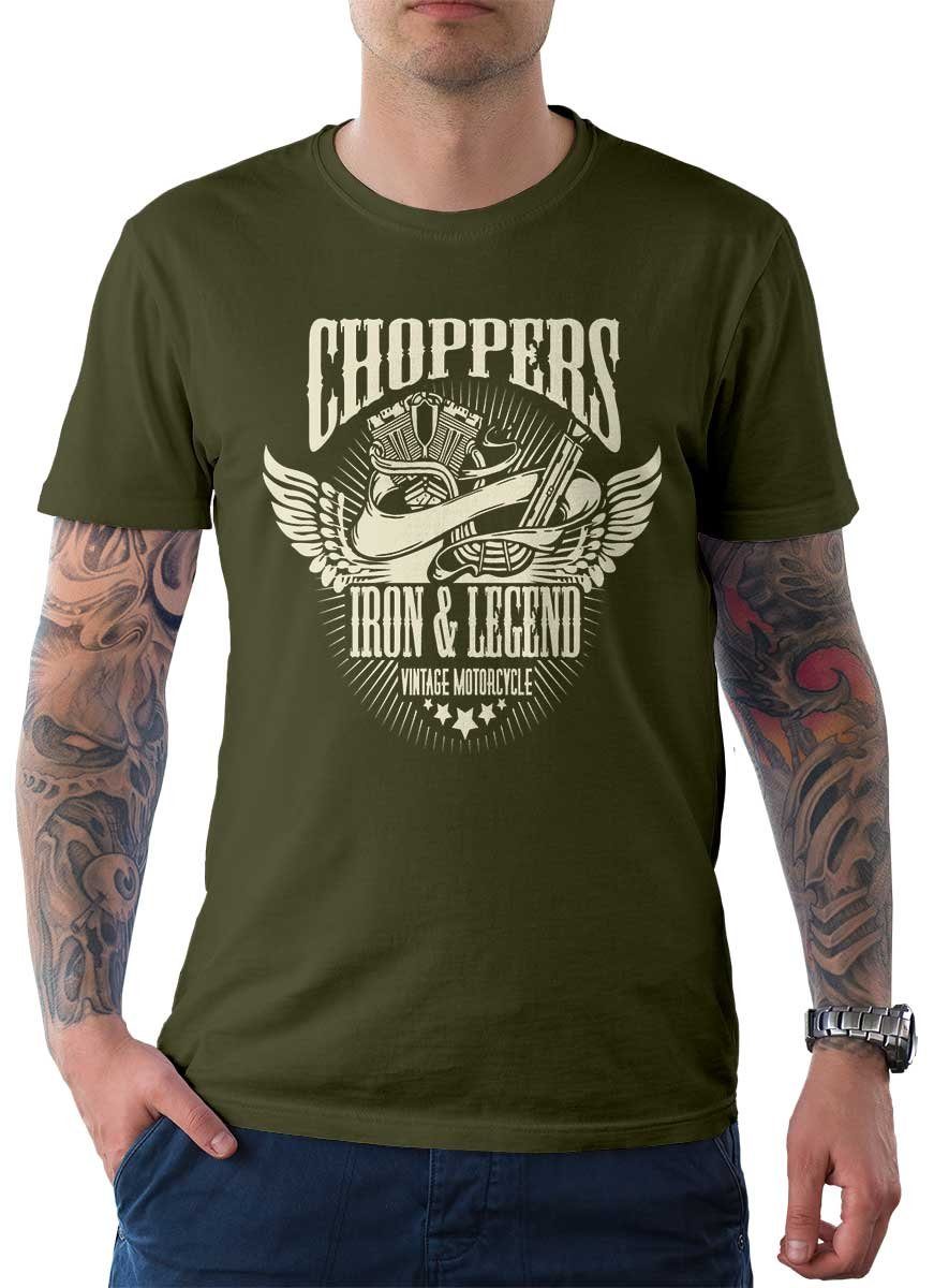 Choppers Biker T-Shirt Tee Wheels Herren On Rebel T-Shirt mit Oliv Motiv / Motorrad
