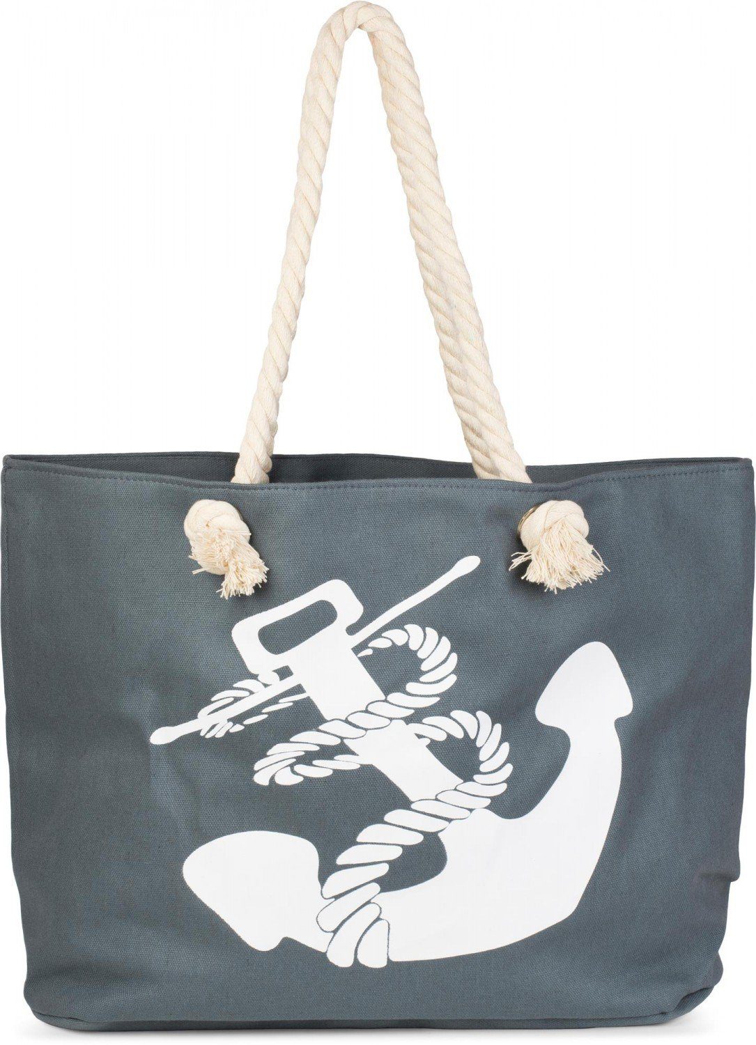 styleBREAKER Strandtasche (1-tlg), Flechtoptik Strandtasche mit Anker Print Dunkelgrau-Weiß