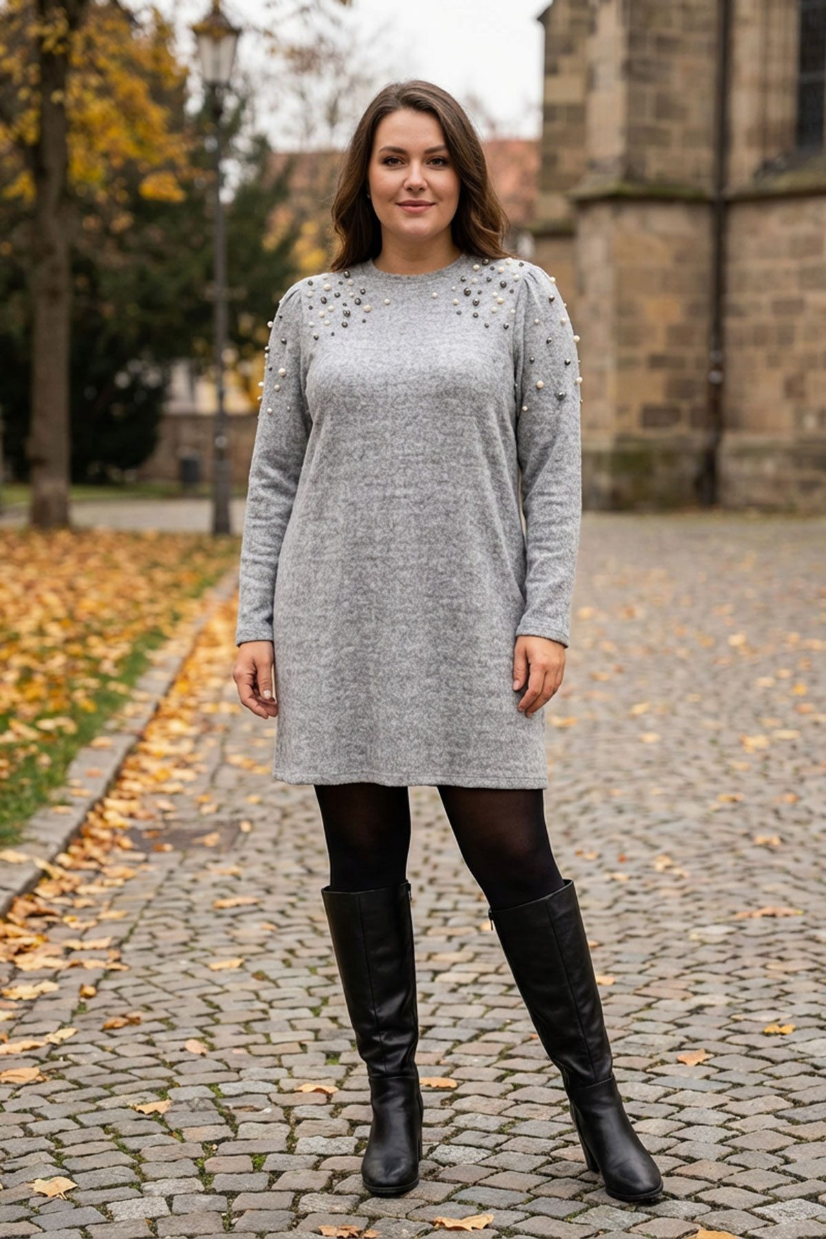 Stil Diva Tunika Plus Size Rundhals-Langarm-Plüschtunika mit Perlenbesatz und langen Är
