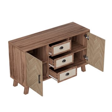 FUROKOY Sideboard Schönes Fischgrätenmuster Sideboard aus Massivholz, Dekorativer Schrank Organizer mit 3 Schubladen 2 Türen,Breiten 120cm