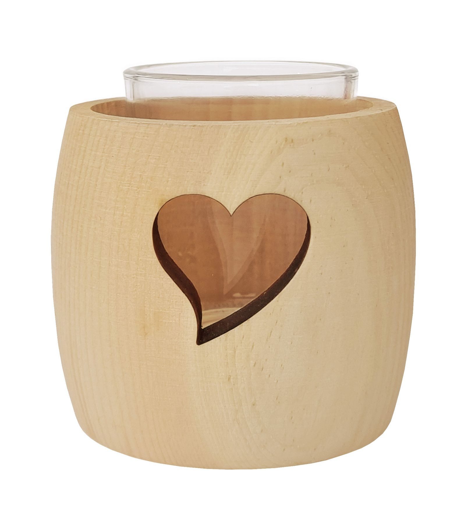 ERST-HOLZ Teelichthalter Zirben Teelichthalter mit Glas und Ausschnitt Stern (Herz), Herz