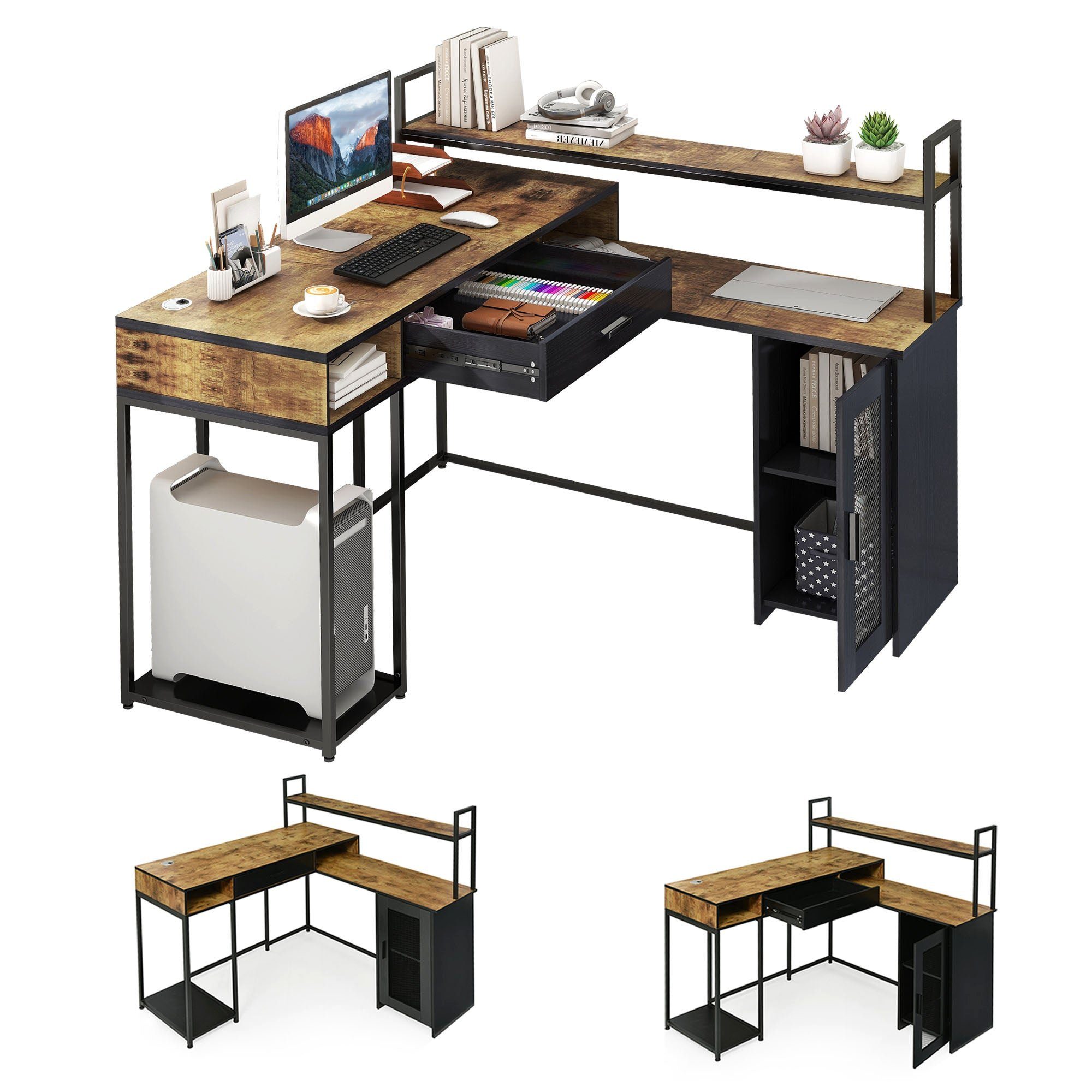 BUMHUM Esstisch Schreibtisch mit Schubladen und Schrank (Bürotisch 130 CM  Computertisch L-förmiger), Eckschreibtisch