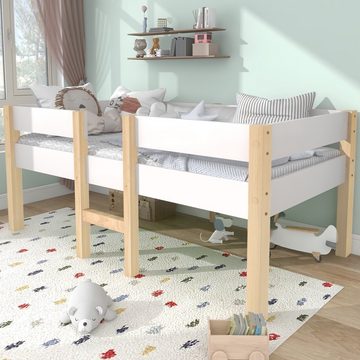 Fangqi Kinderbett Kinderbett mit Rausfallschutz, Kiefer-Vollholz,Weiß & Eiche