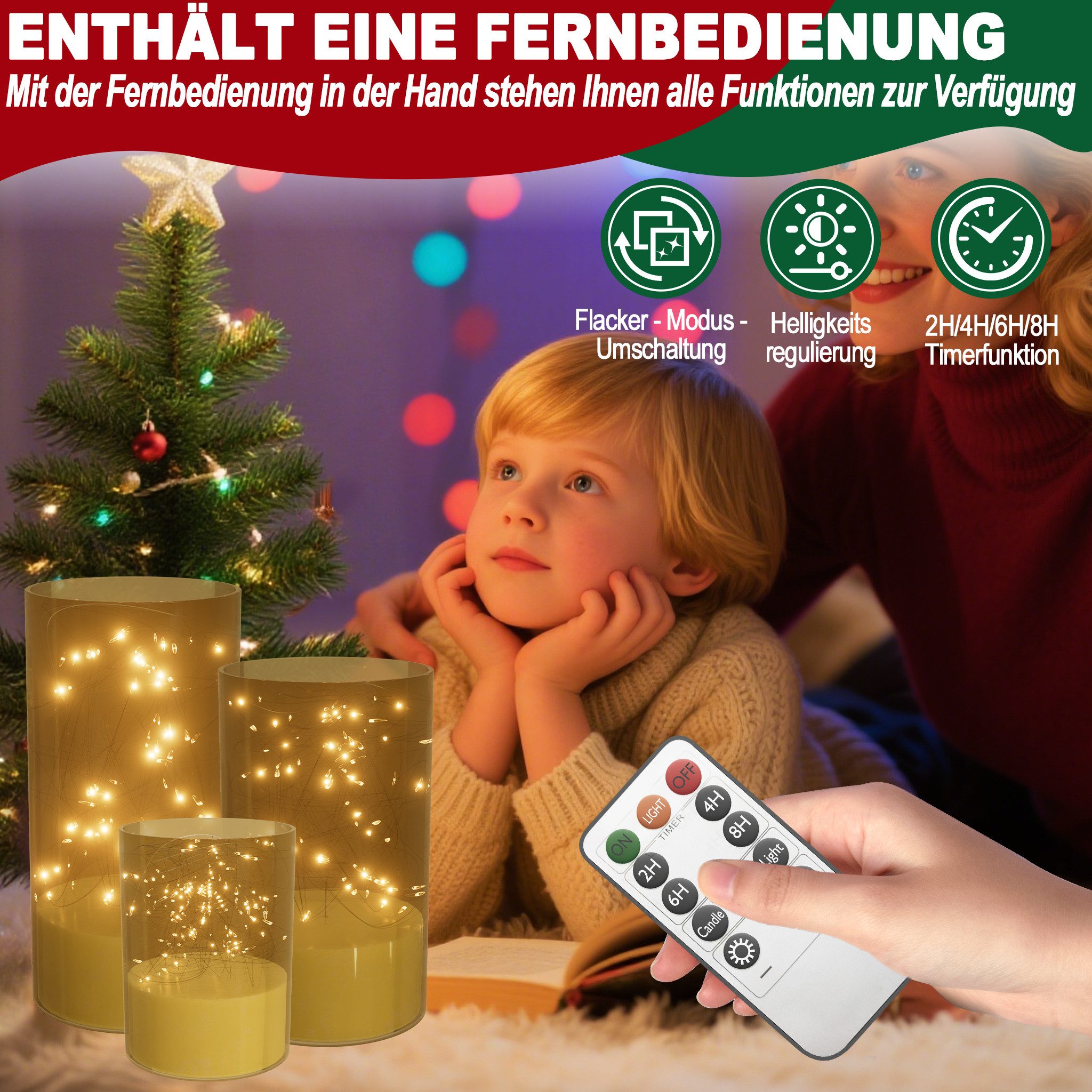 FIVMEN LED-Kerze 3 Stück LED Kerzen Flackernde mit Eingelassener Lichterkette