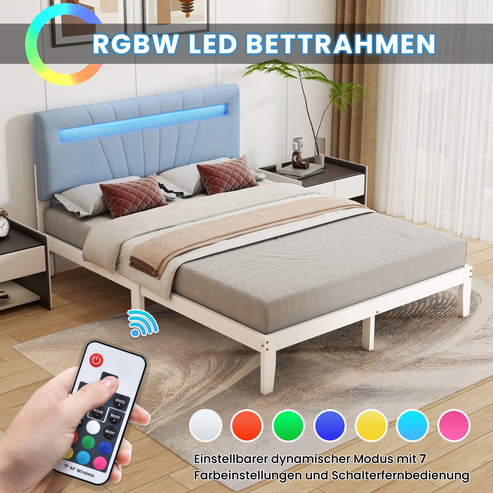 Massivholzbett (Doppelbett Jugendbett), mit LED-Beleuchtung & Polsterkopfteil, 140x200cm