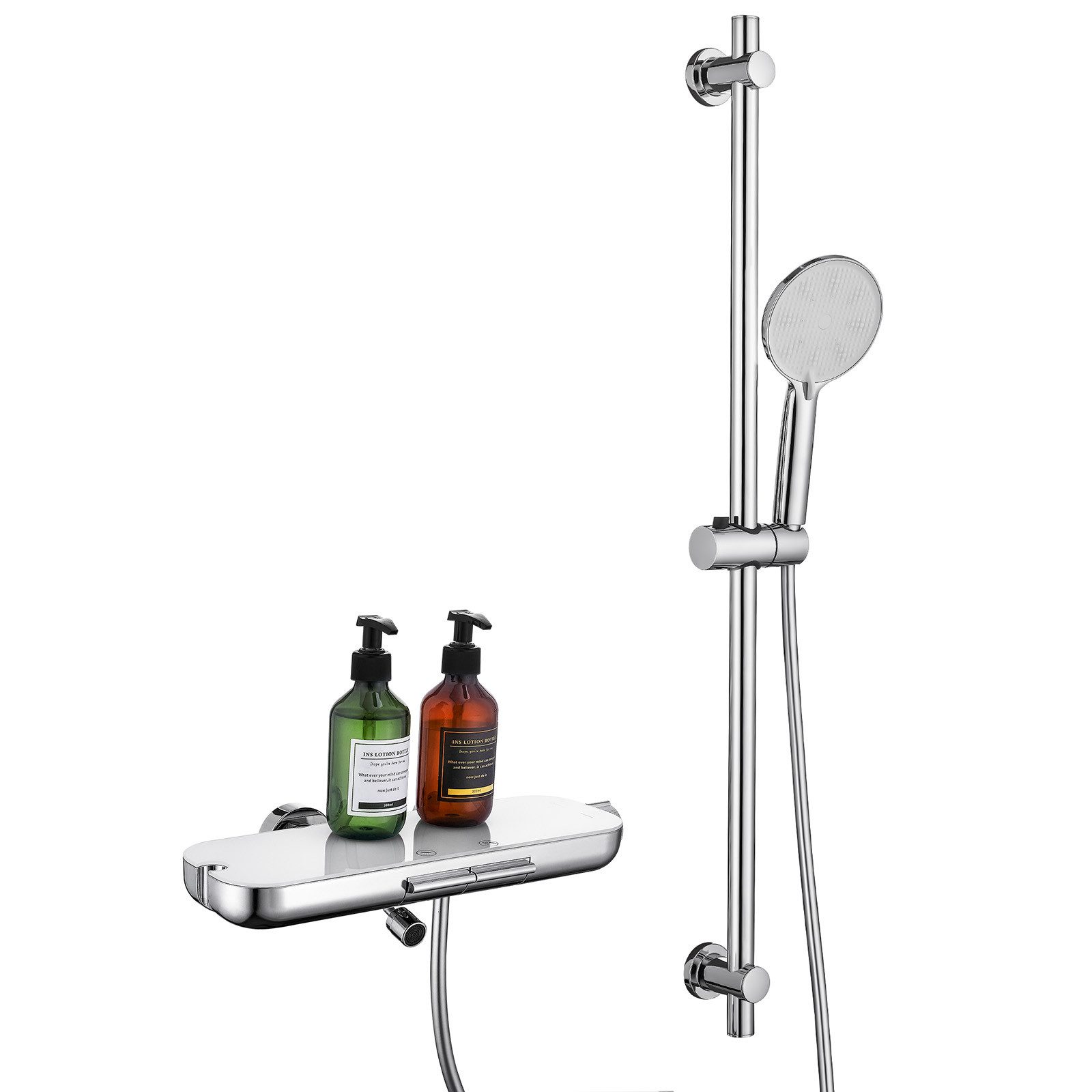 HOMELODY Brausegarnitur Badewannenarmatur Duschset mit Ablage, 5F Handbrause, höhenverstellbar, 3 Strahlart(en), 900 mm Höhenverstellbare Duschstange mit schwenkbarem Auslauf, Chrom