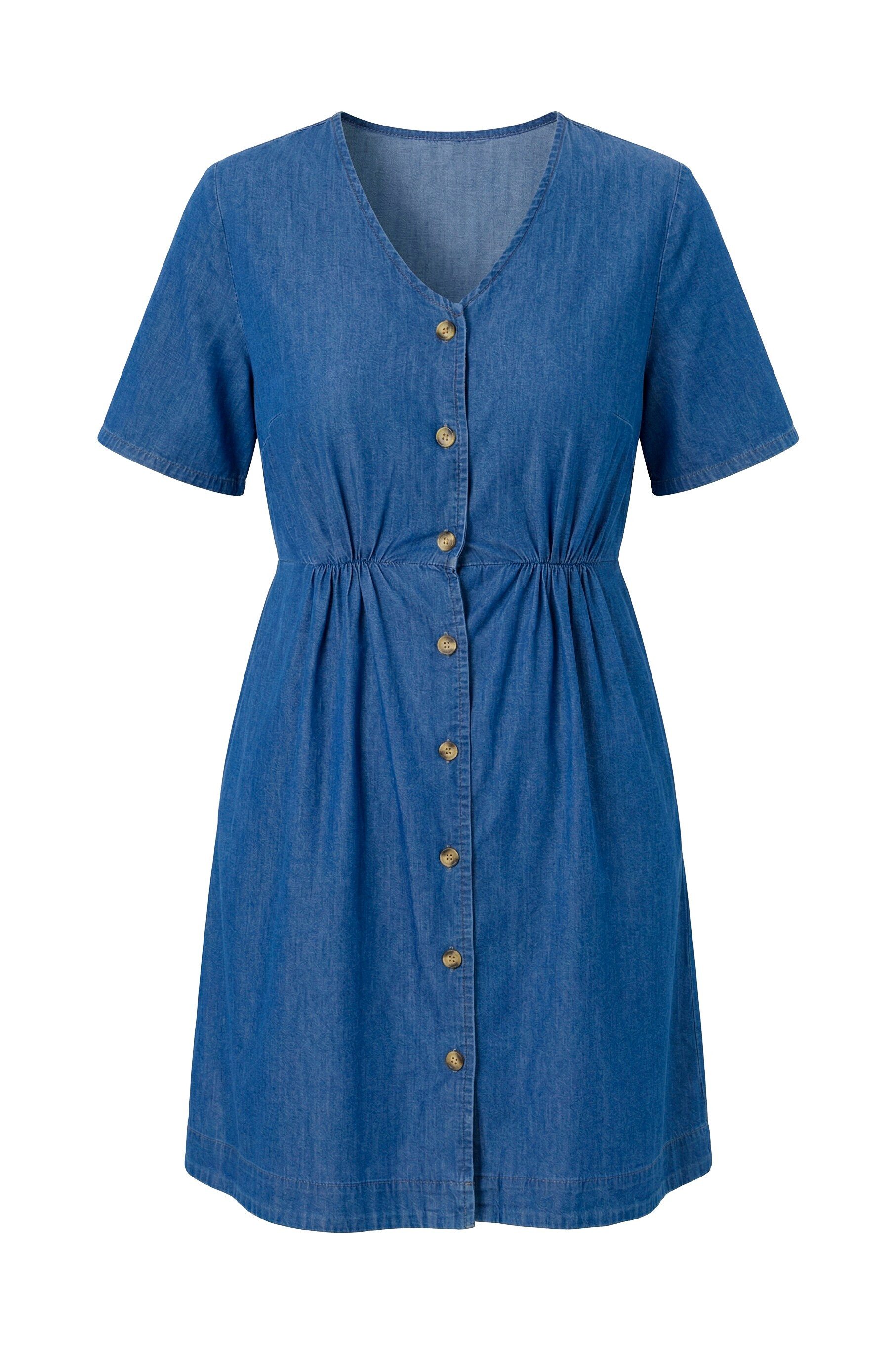 Ulla Popken Midikleid Jeanskleid A-Linie V-Ausschnitt Halbarm