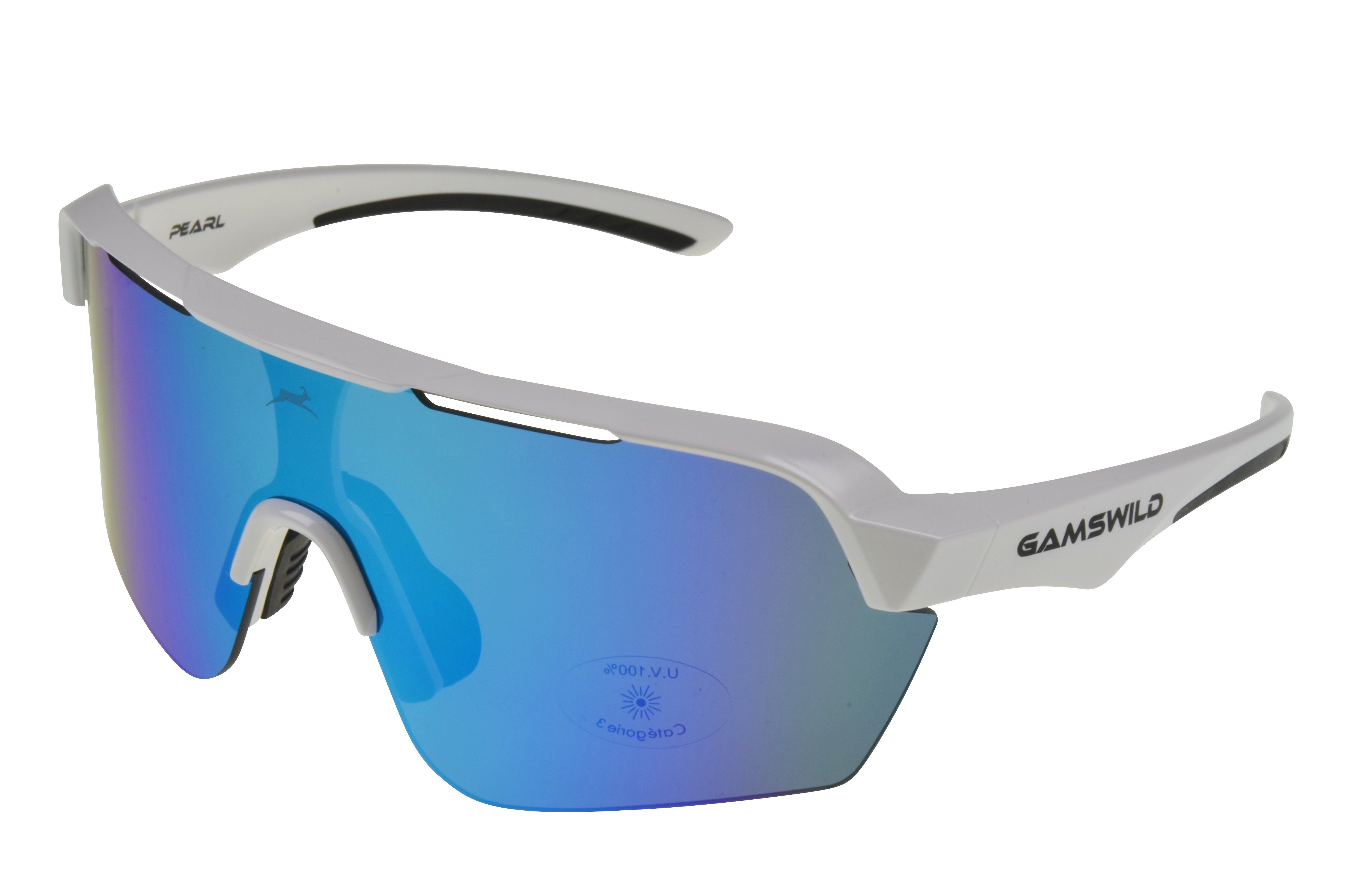 Gamswild Sportbrille WS7138 Sonnenbrille Fahrradbrille Skibrille Damen Herren Unisex, extra große Scheibe, pink, weiß, blau, schwarz, mintgrün weiß_blau cat.3