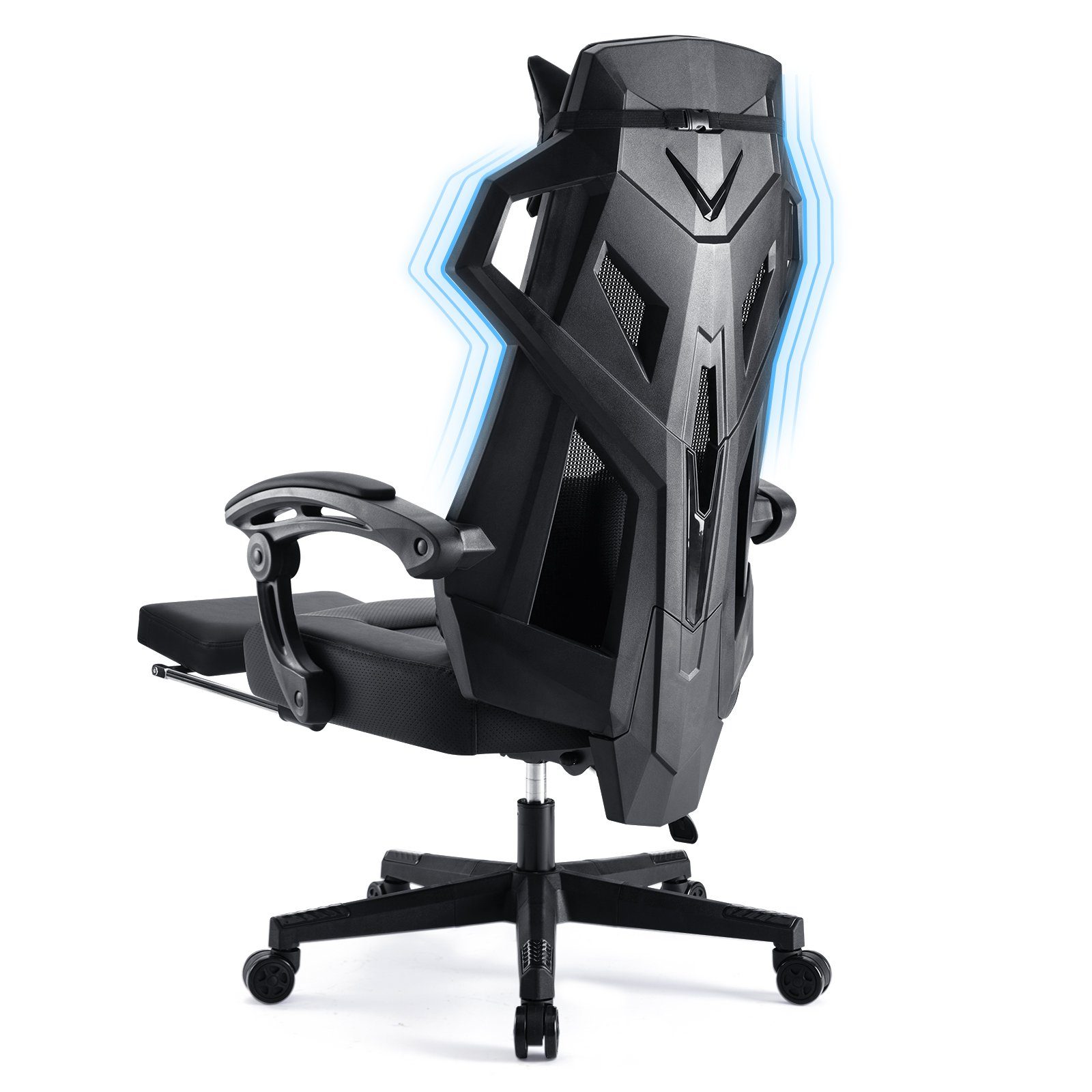 GTPLAYER Bürostuhl Ergonomischer Schreibtischstuhl Gamingstuhl Drehstuhl, mit Verbindungsarmlehnen, Verstellbarer Lordosenstütze und Kopfstütze schwarz