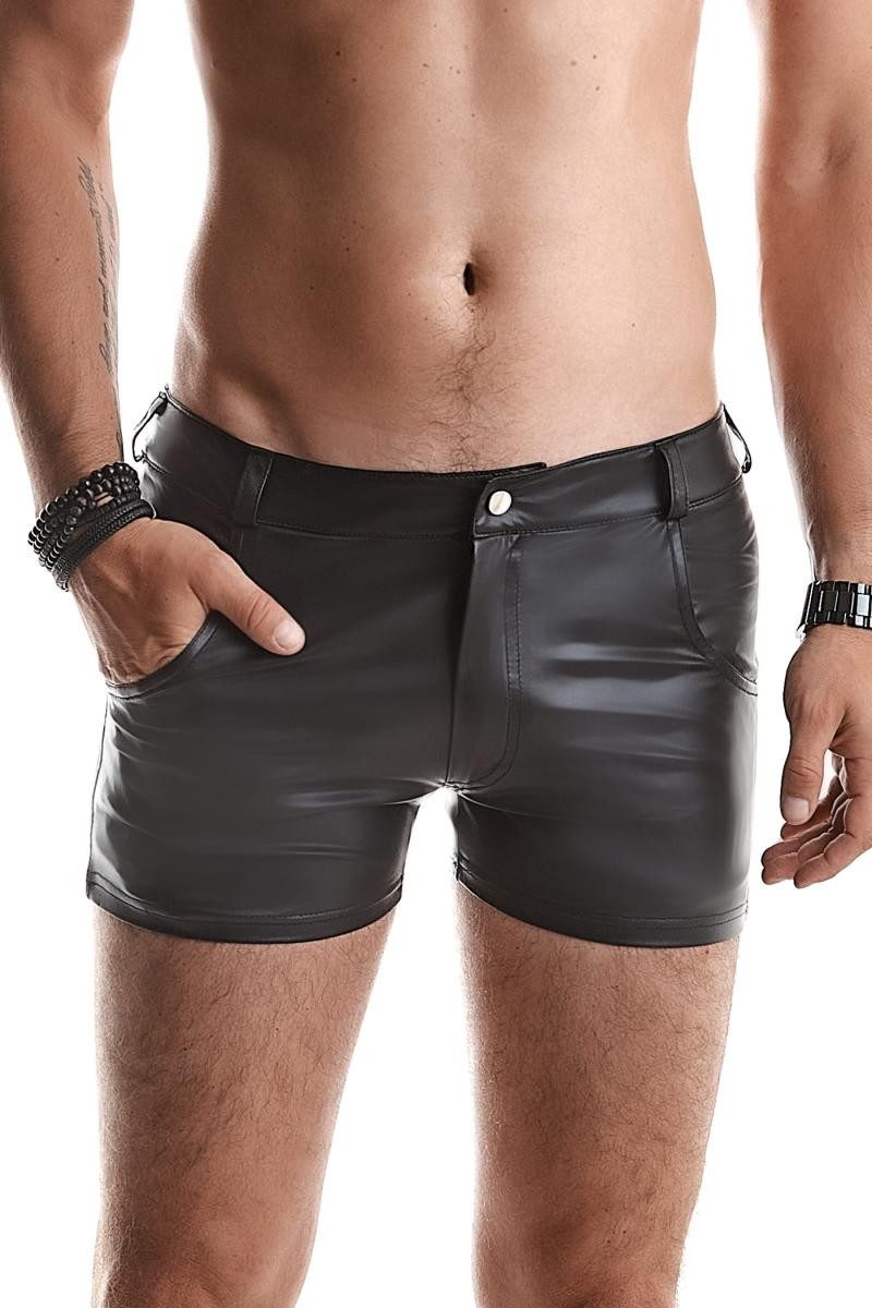 Lederimitathose Herren wetlook Shorts schwarz elastisch mit Taschen kurze Männer Hose