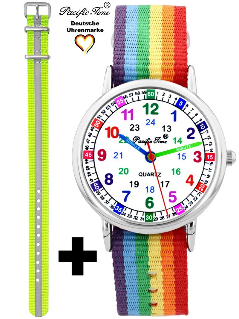 Pacific Time Quarzuhr Set Kinder Armbanduhr Lernuhr Wechselarmband, Mix und Match Design - Gratis Versand Regenbogen und Reflektor gelb