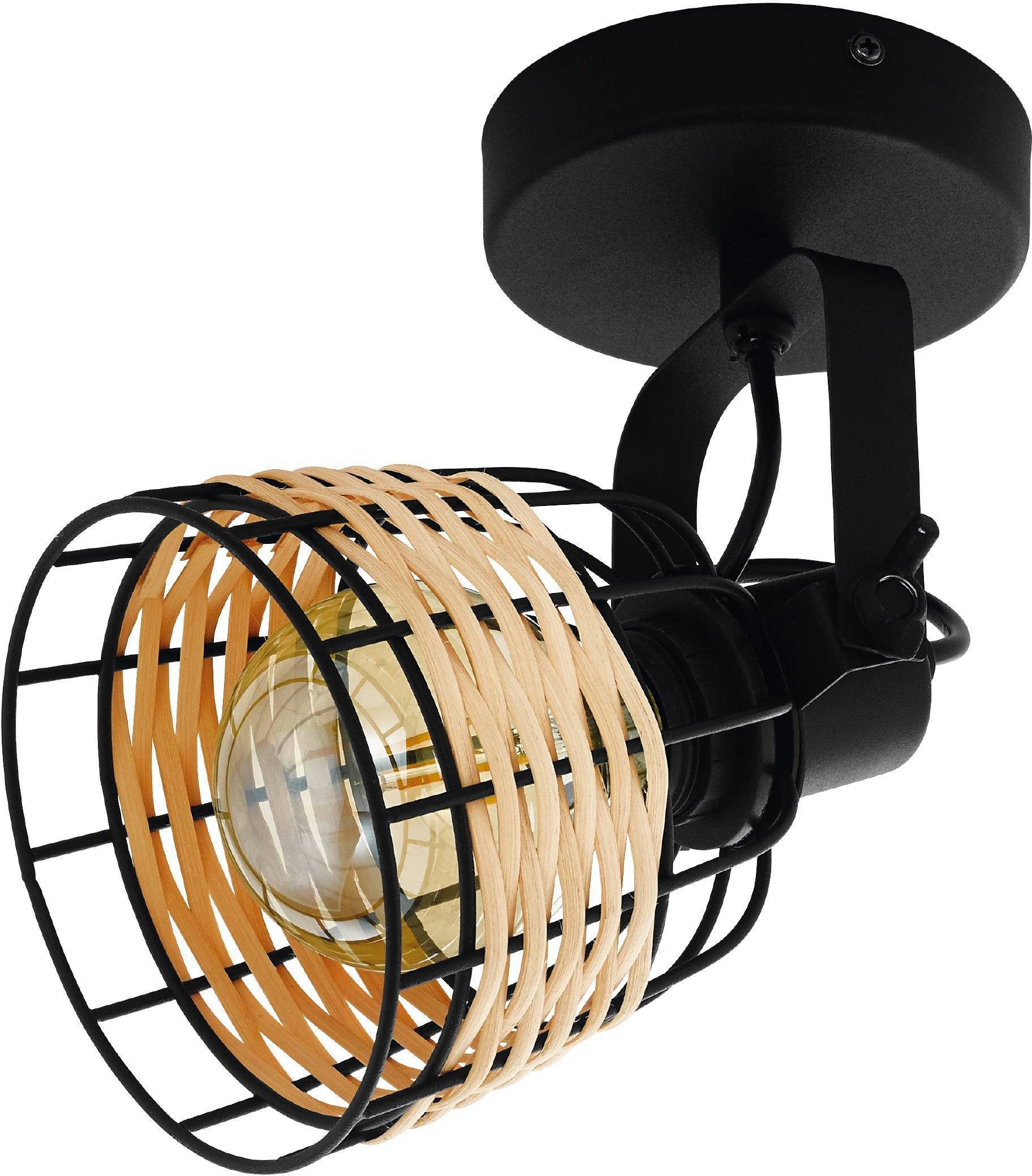 EGLO Deckenspot ANWICK 1 Wandstrahler, E27, Stahl und Rattan, Wohnzimmerlampe, Lampe, ohne Leuchtmittel, Spot, Schlafzimmer, Boho, L14 x H20cm, schwarz, natur, 1X40W exkl.