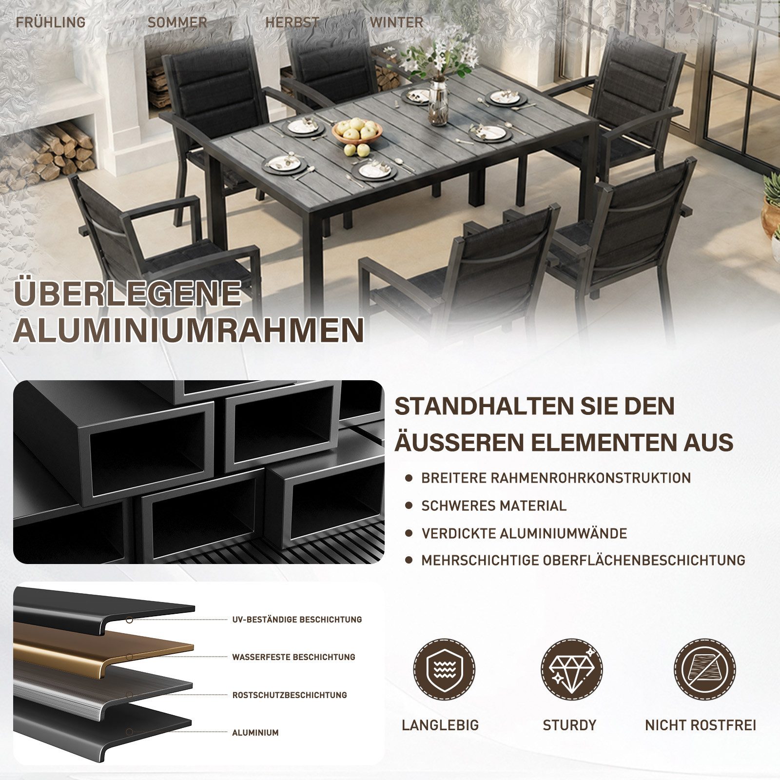 HOMALL Garten-Essgruppe 150/180cm Holzoptik Aluminiumtisch und Gartenstühle mit armlehnen, (7-tlg), Stapelbare Gartenstühle bis 160kg, rostfreier Aluminiumtisch bis 100kg
