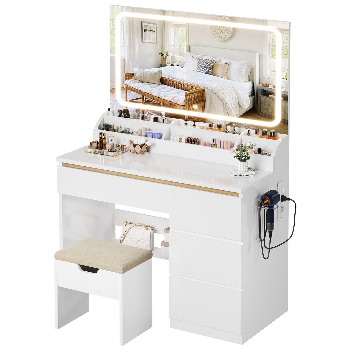 HOMALL Schminktisch Schminktisch mit 80 cm Spiegel und LED-Beleuchtung (Abmessungen: 80 × 40 × 137 cm Mit vier Schubladen und sechs Staufächern Drei einstellbare Farbtemperaturen Zwei USB-Ladeanschlüsse, zwei Netzsteckdosen und eine Halterung für einen Haartrockner)