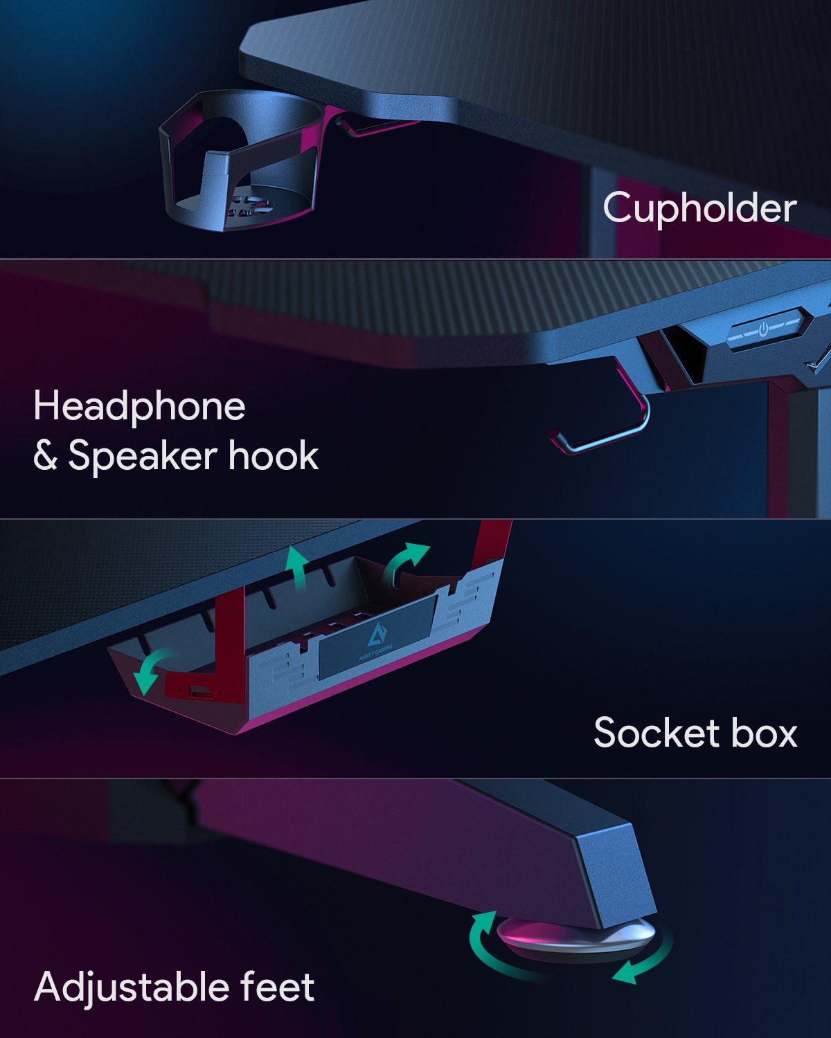 AUKEY Computertisch, Gaming Schreibtisch RGB Beleuchtung mit Getränkehalter