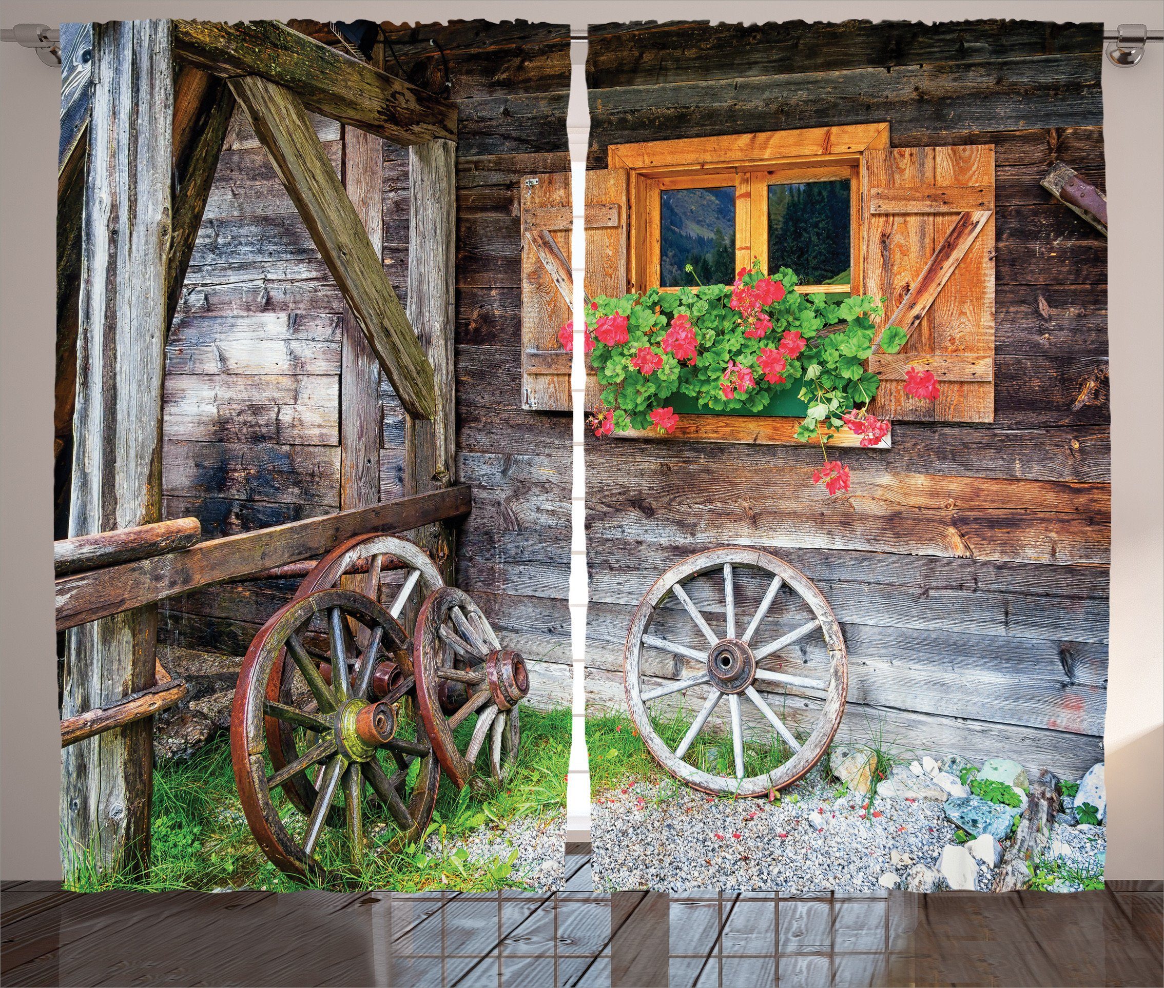 Gardine Schlafzimmer Kräuselband Vorhang mit Schlaufen und Haken, Abakuhaus, Rustikal Urlaub auf dem Bauernhof Land