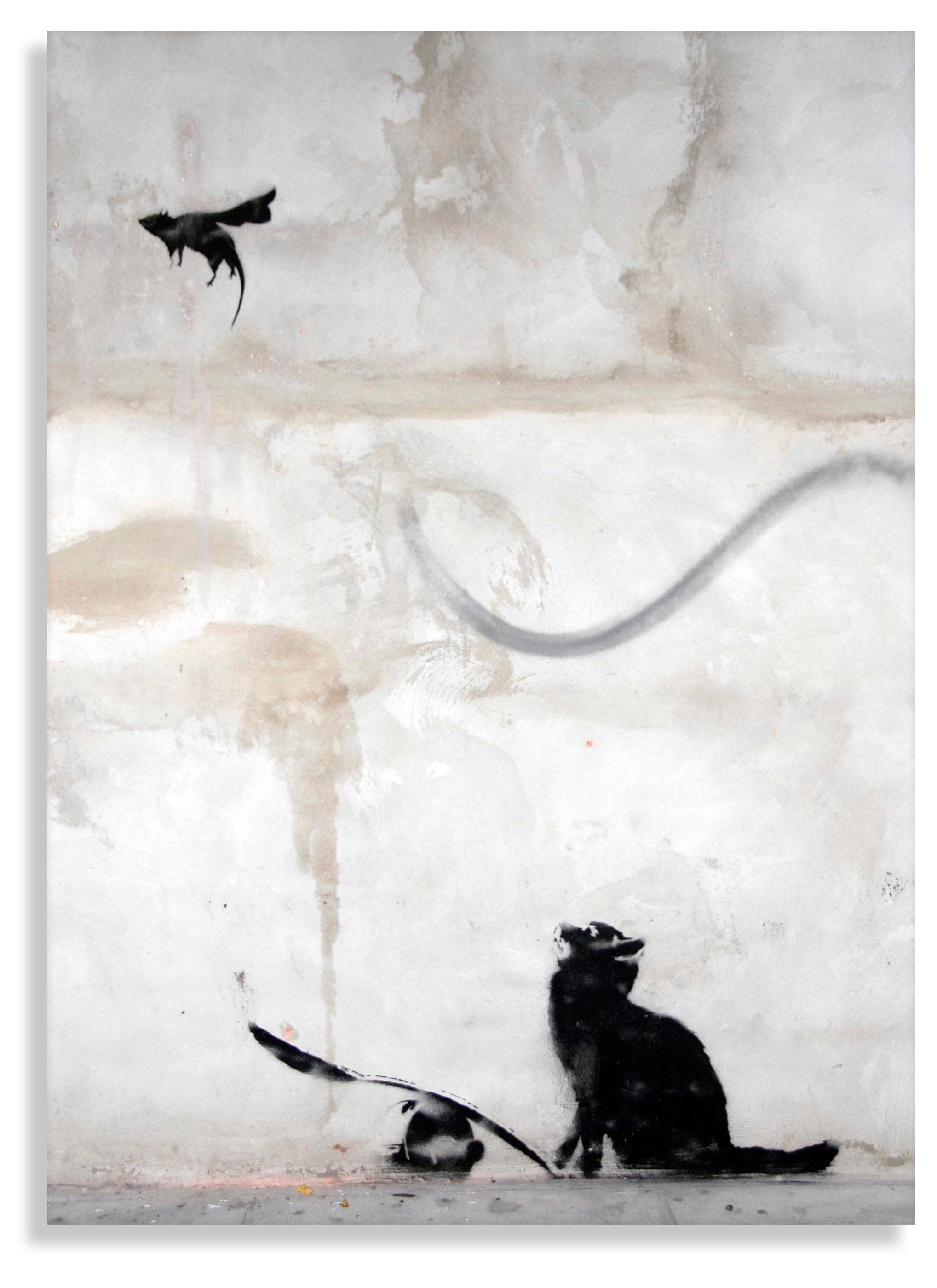 Leinwando Gemälde Banksy Katze und die Fledermaus Streetart Leinwandbild kunstdruck