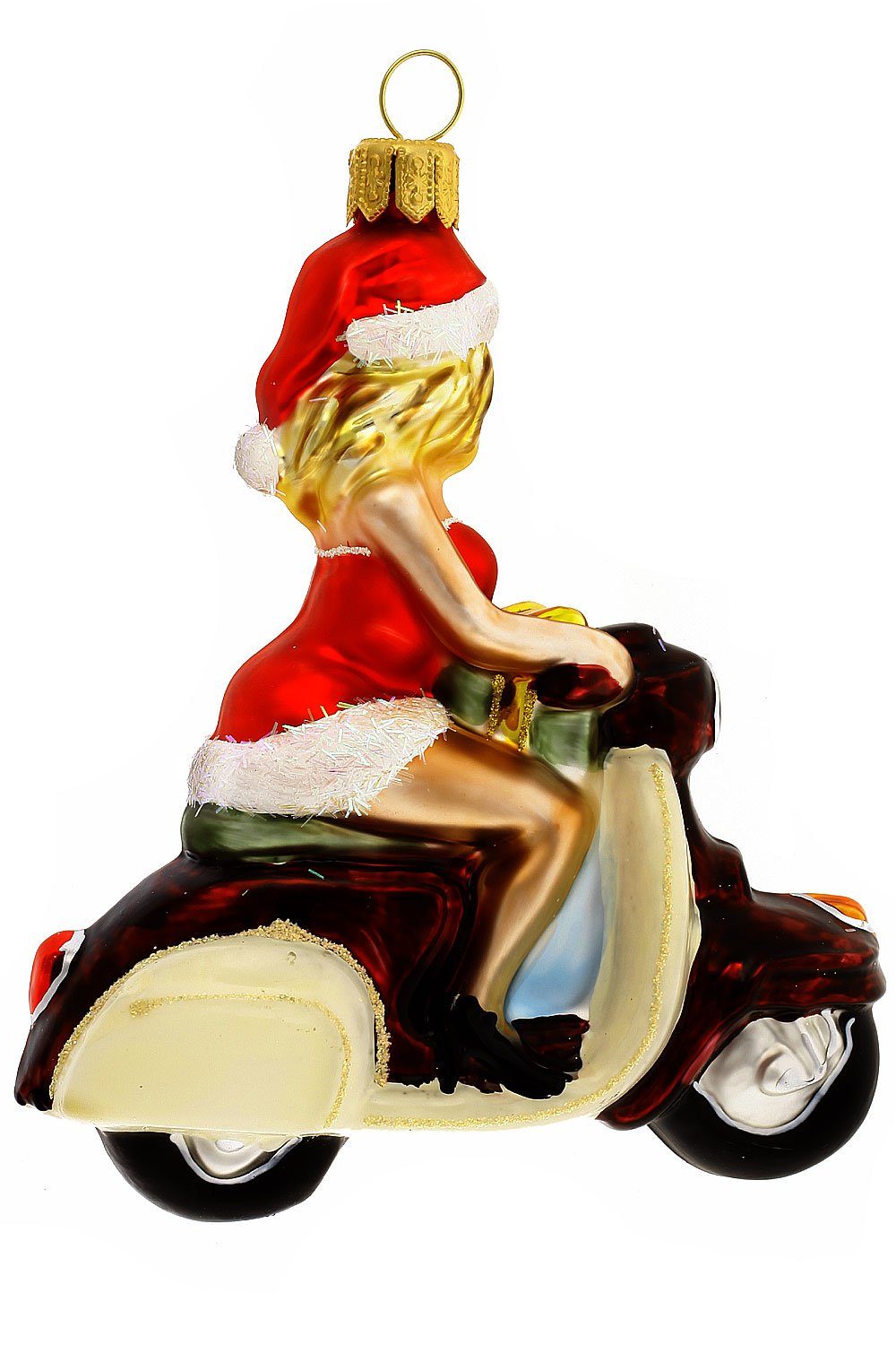 Motorroller mundgeblasen weinrot, Santa Dekohänger Hamburger auf - Christbaumschmuck handdekoriert - Ms. Weihnachtskontor