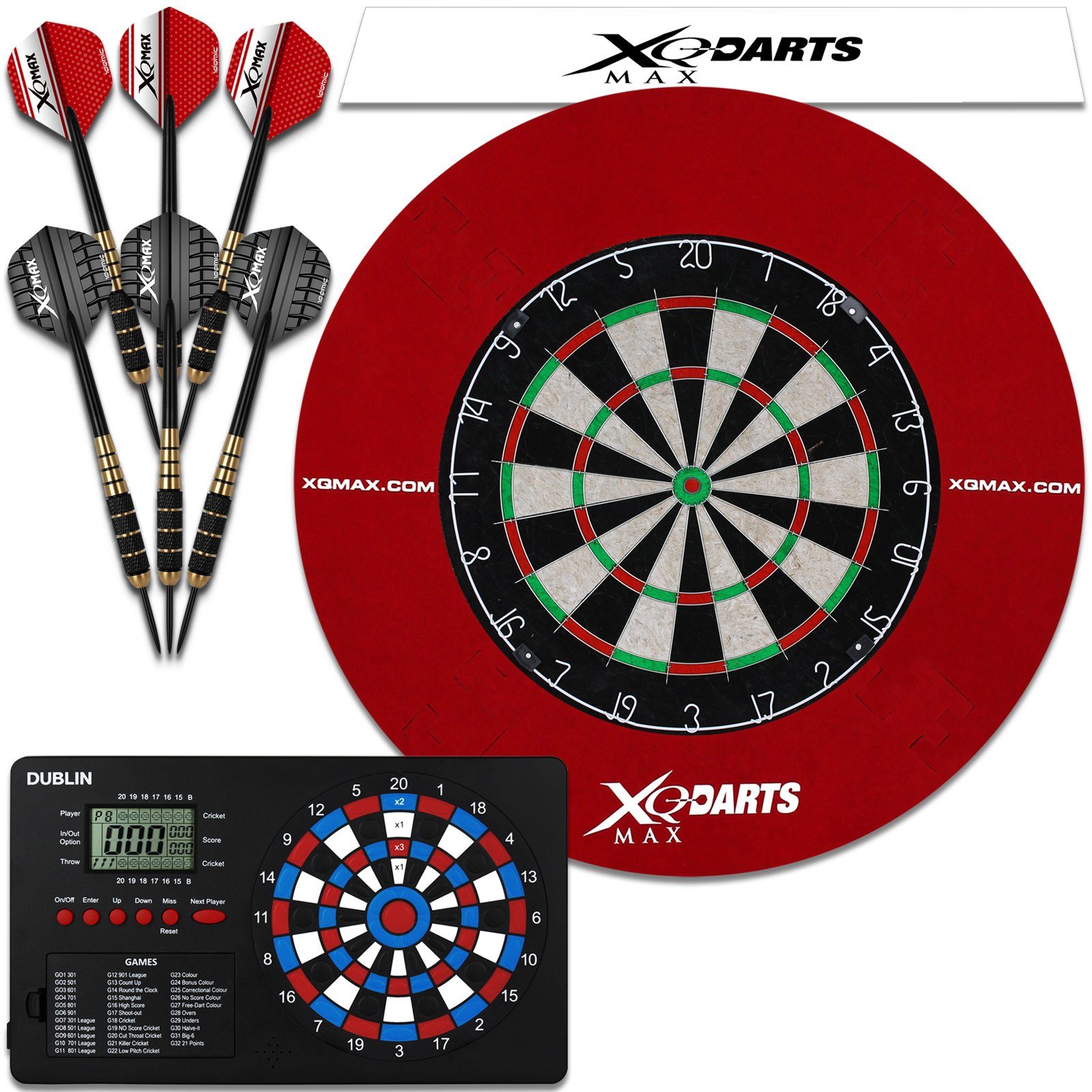 XQMAX Dartscheibe - inkl. Pfeile, Surround Ring rot, Wurflinie, Zähler, (Dartset), Steeldart Dartboard Darts Catchring Auffangring