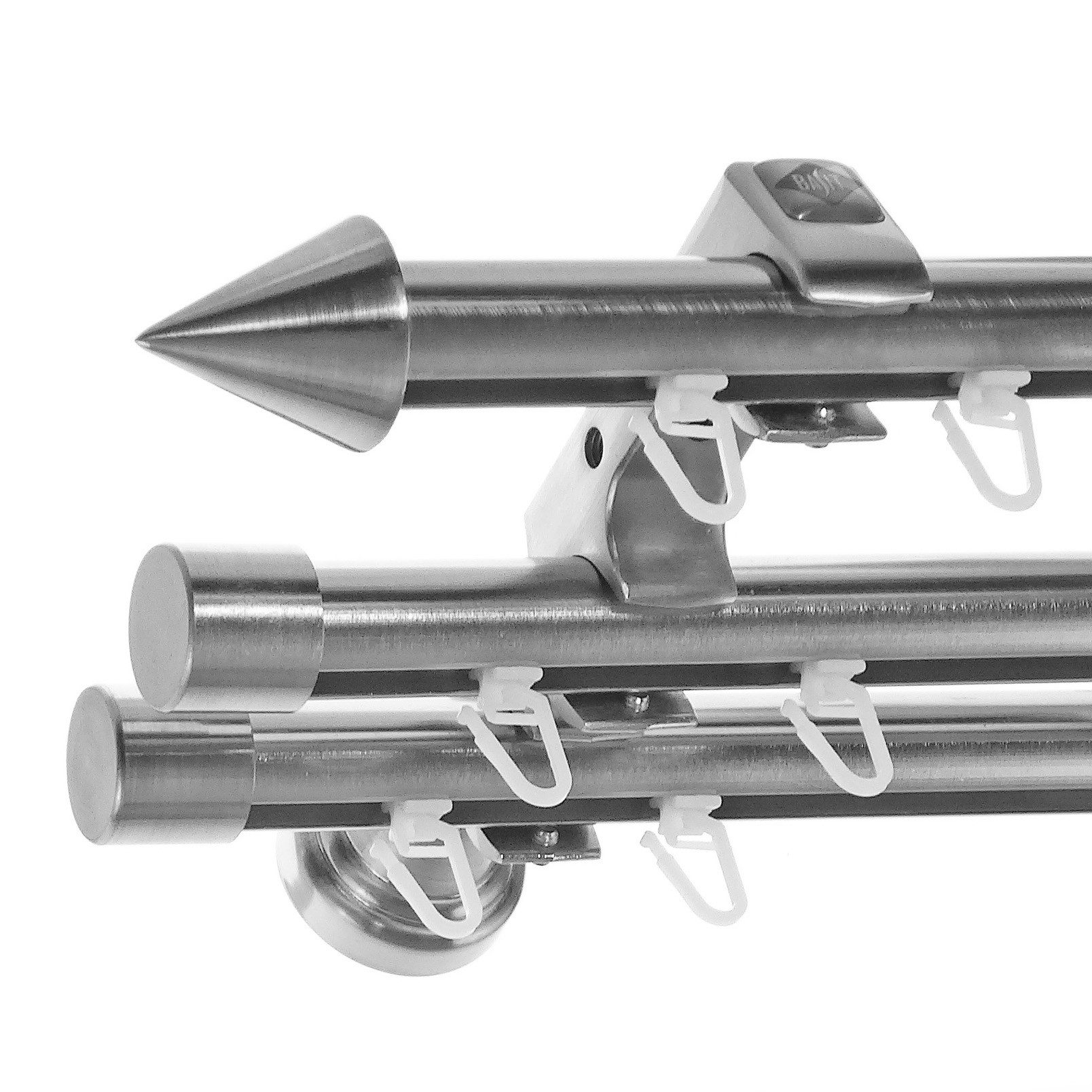 BASIT Gardinenstange Innenlauf Edelstahloptik 20mm mit Wandträgern 140 cm E31, Ø 20 mm, 3-läufig, verschraubt, Metall, H60III 140 cm E31 Spitze