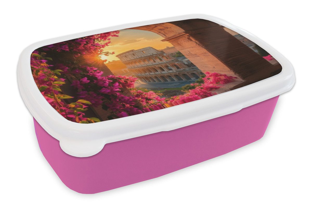 MuchoWow Lunchbox Kolosseum - Rom - Rosa Blumen, Kunststoff, (2-tlg), Brotdosen, Lunch Box, Brotbox für Kinder und Erwachsene
