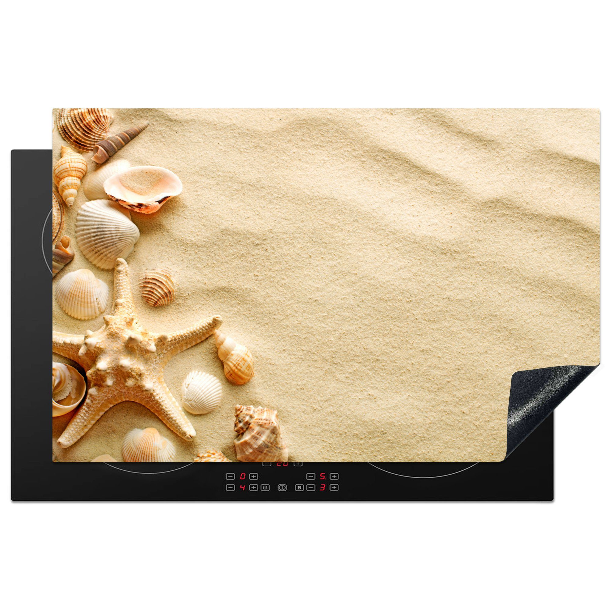 MuchoWow Herdblende-/Abdeckplatte Muscheln - Sand - Strand, Vinyl, (1 tlg), 81x52 cm, Induktionskochfeld Schutz für die küche, Ceranfeldabdeckung