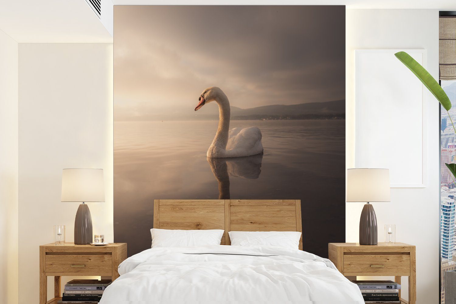 MuchoWow Fototapete Schwan - Wasser - Wolken, Matt, bedruckt, (4 St), Montagefertig Vinyl Tapete für Wohnzimmer, Wandtapete