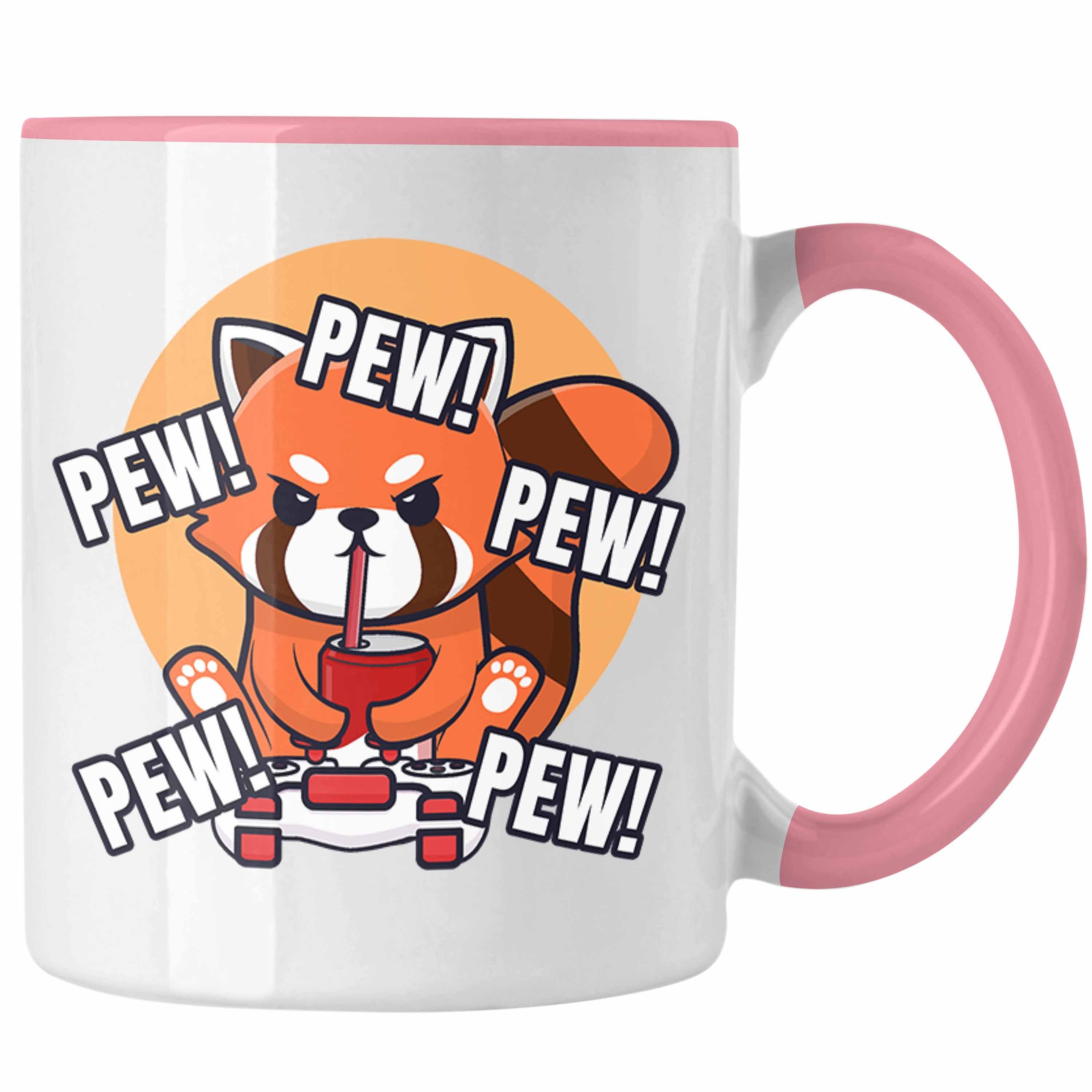 Trendation Tasse Trendation - Gamer Panda Tasse Kinder Geschenkidee für Jungs Mädchen Lustige Grafik Gaming Jungen Pew Rosa