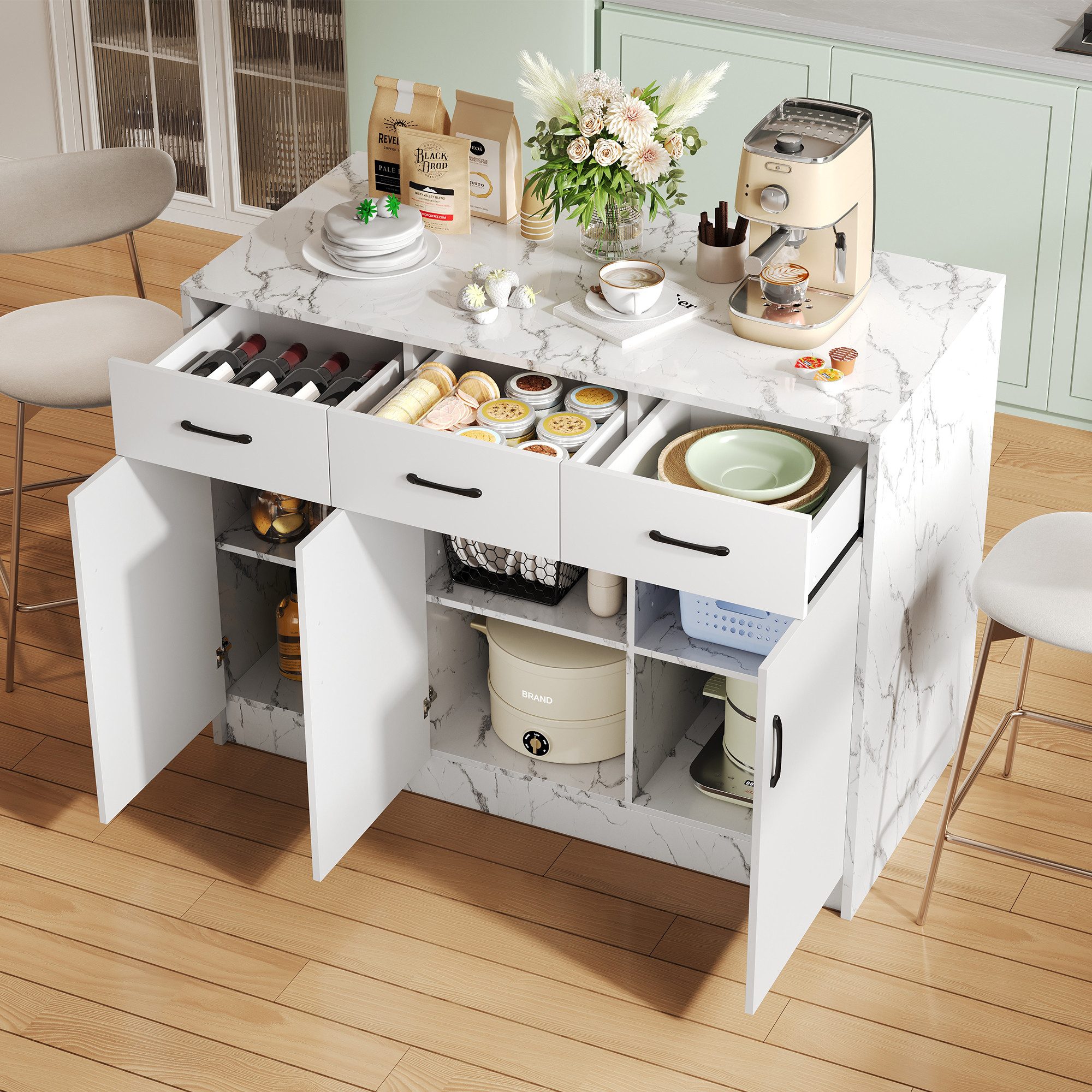 Flieks Kücheninsel mit Arbeitsplatte in Marmoroptik, (120x60x90,5 cm), Küch günstig online kaufen