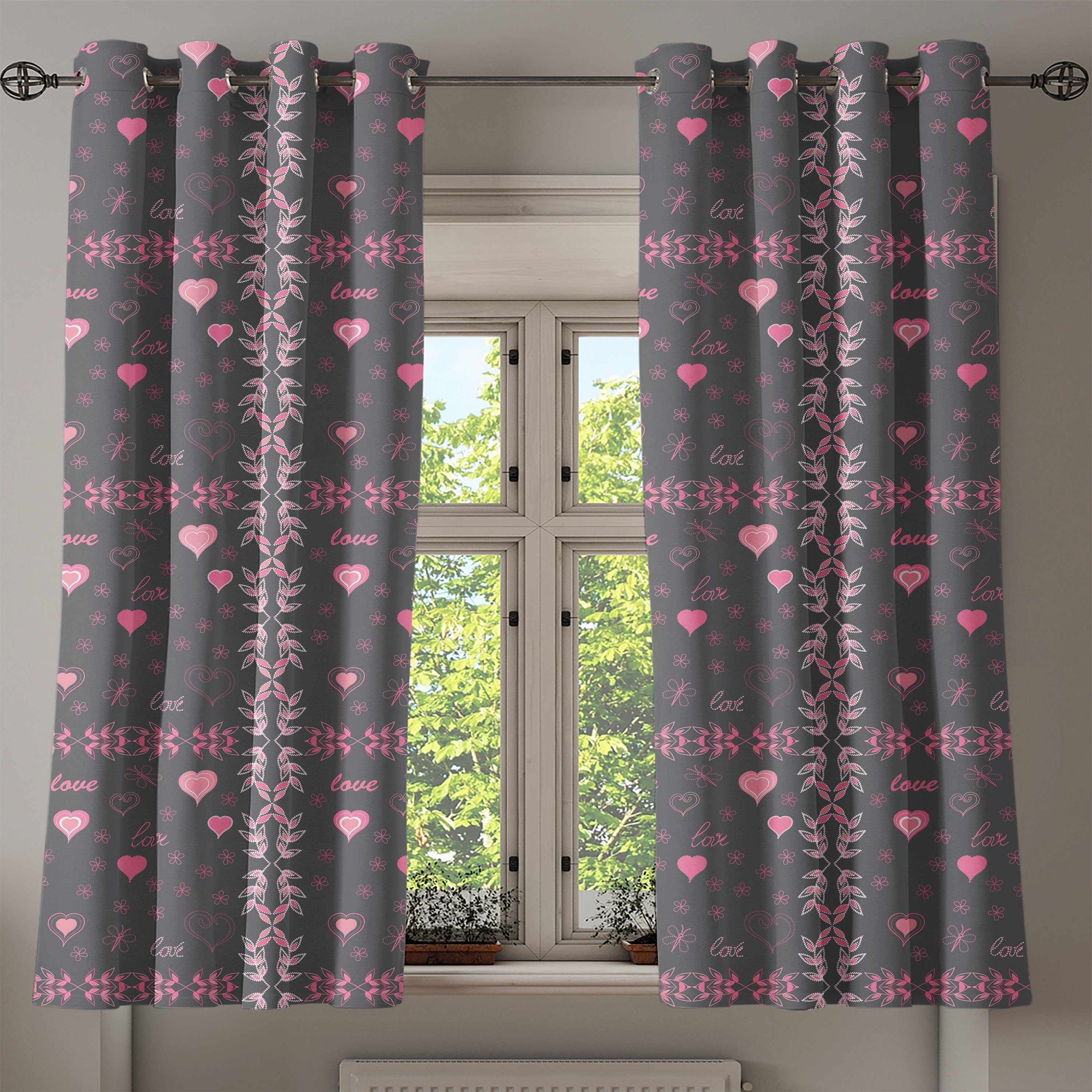 Liebe-Frühlings-Flora Abakuhaus, Dekorative Rosa Schlafzimmer für Gardine 2-Panel-Fenstervorhänge Wohnzimmer, und Grau