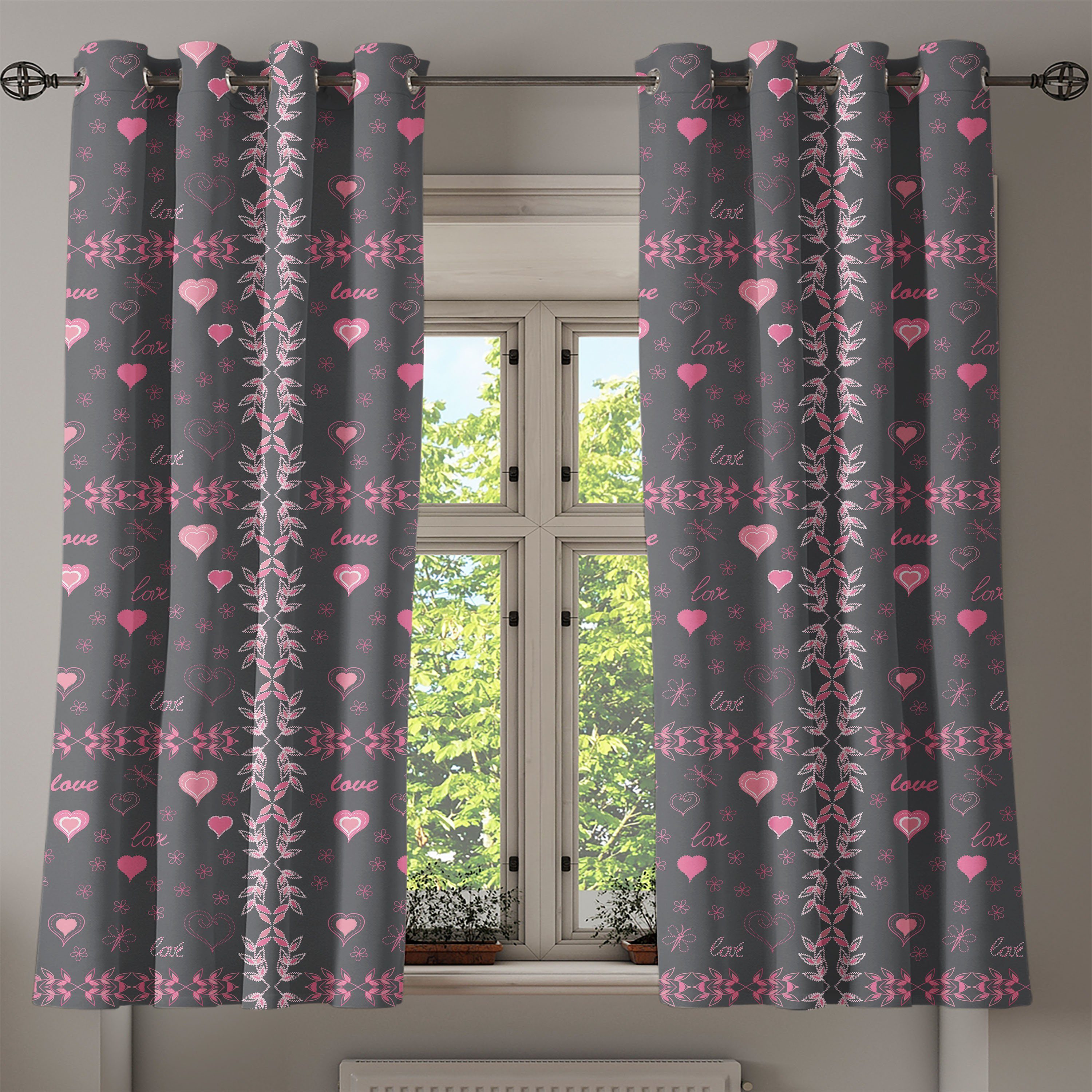 Dekorative und für Grau Liebe-Frühlings-Flora Wohnzimmer, Schlafzimmer 2-Panel-Fenstervorhänge Rosa Abakuhaus, Gardine