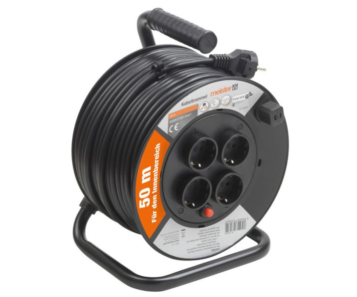 Meister Werkzeuge Kabeltrommel Verlängerungskabel H05VV-F 3G1,5mm² 50m mit 4 Steckdosen Kabeltrommel 4-fach (Tragegriff, Thermoschalter, Überhitzungsschutz, Kabellänge 50 m), GS geprüft