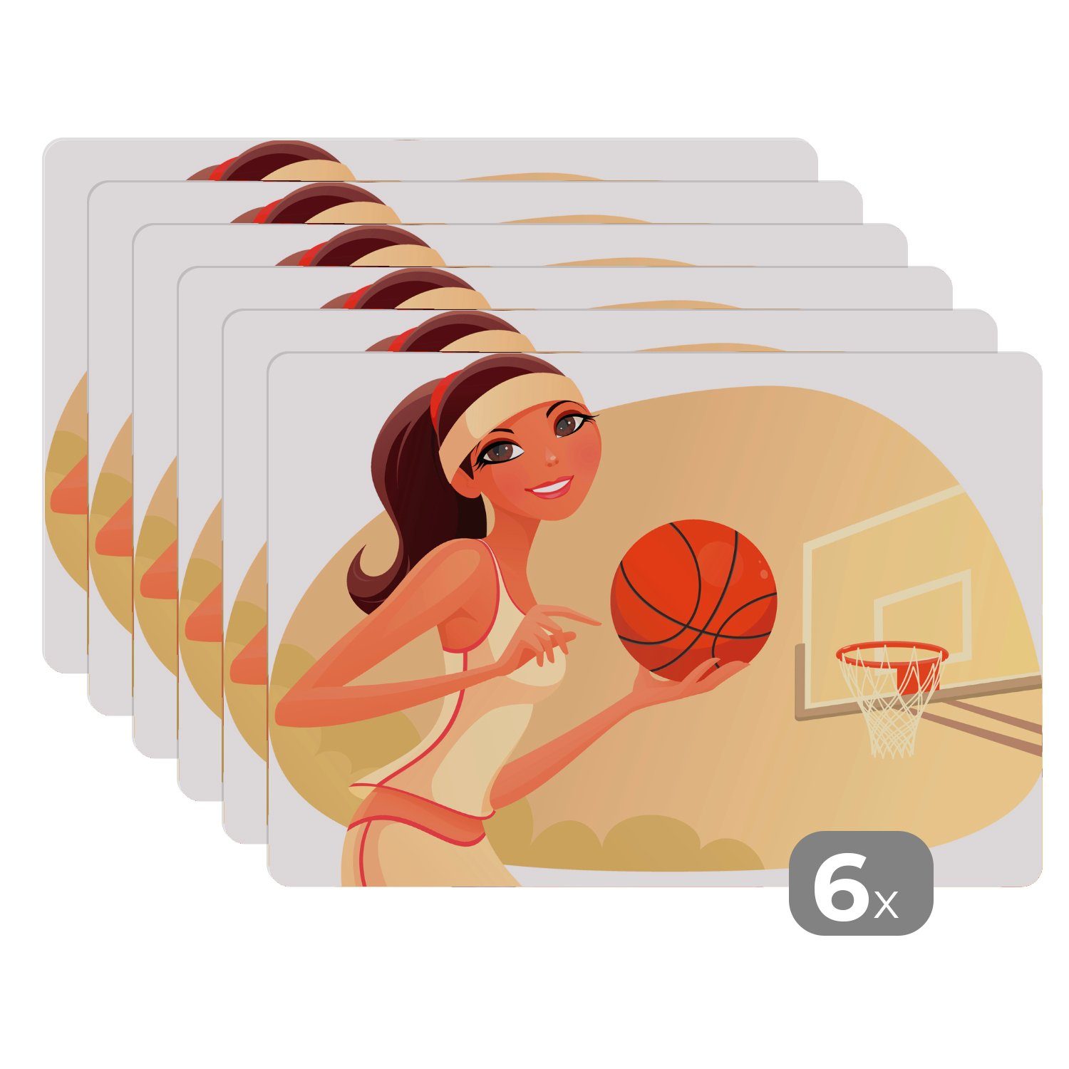 Platzset, Eine Illustration einer Basketballspielerin, MuchoWow, (6-St), Platzset, Platzdecken, Platzmatte, Tischmatten, Schmutzabweisend