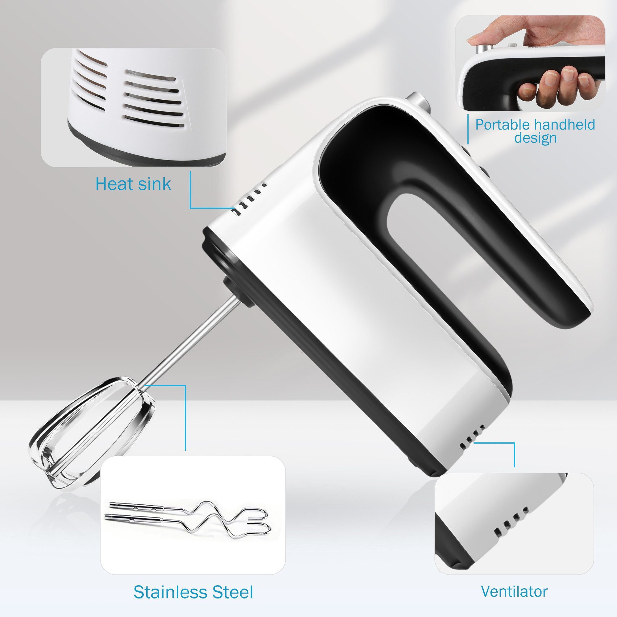 ibettertec Handmixer Handmixer Elektrisch Handrührgerät 5 Stufen Plus Turbo Kein Spritzen, 1000 W, Mixer Handrührer Aufbewahrungskiste,5 Edelstahl Zubehör,Leiser Motor