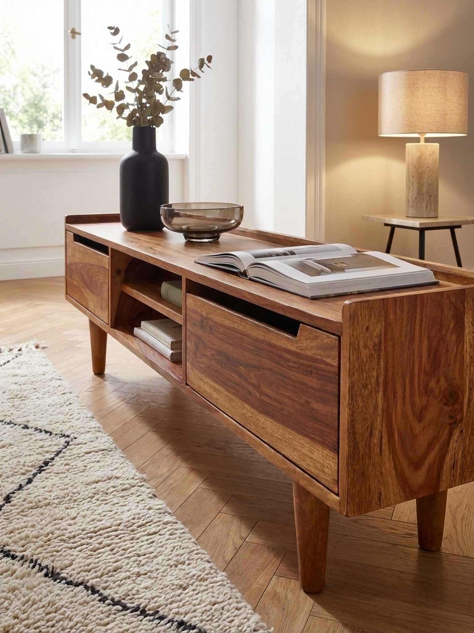 KADIMA DESIGN Lowboard Lowboard Massivholz 145x43x35 cm TV-Kommode zwei Türen Fernsehtisch (Fernsehkommode Wohnzimmer), Design TV-Schrank Hoch, Fernsehtisch Fernsehschrank Modern