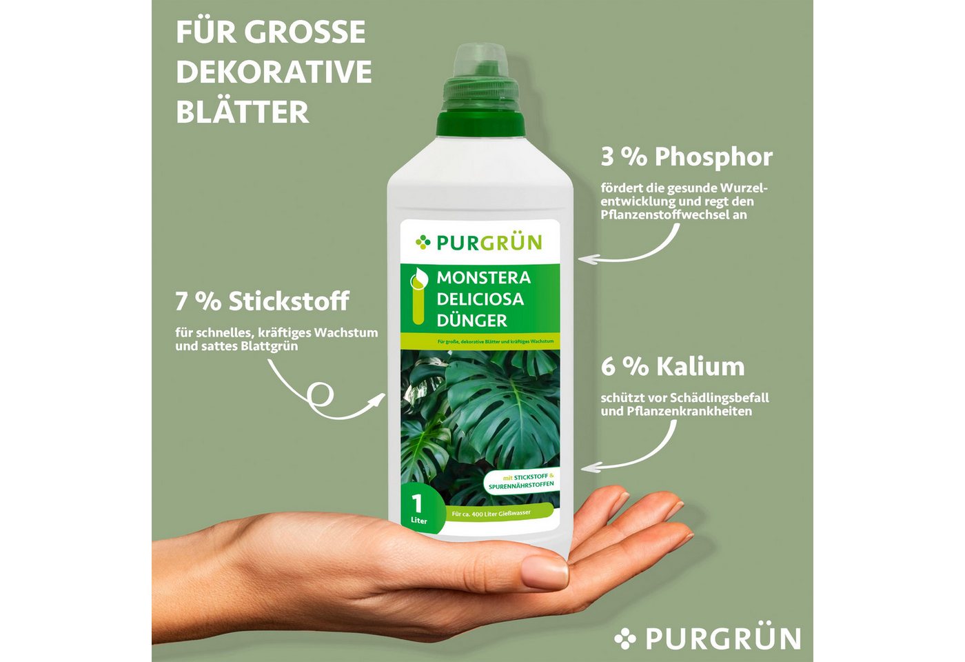 Thumbnail - Purgrün Universaldünger Purgrün Monstera Dünger, NPK 10+4+6, für grüne Blätter, 1L, Flüssigdünger, Mit allen wichtigen H...