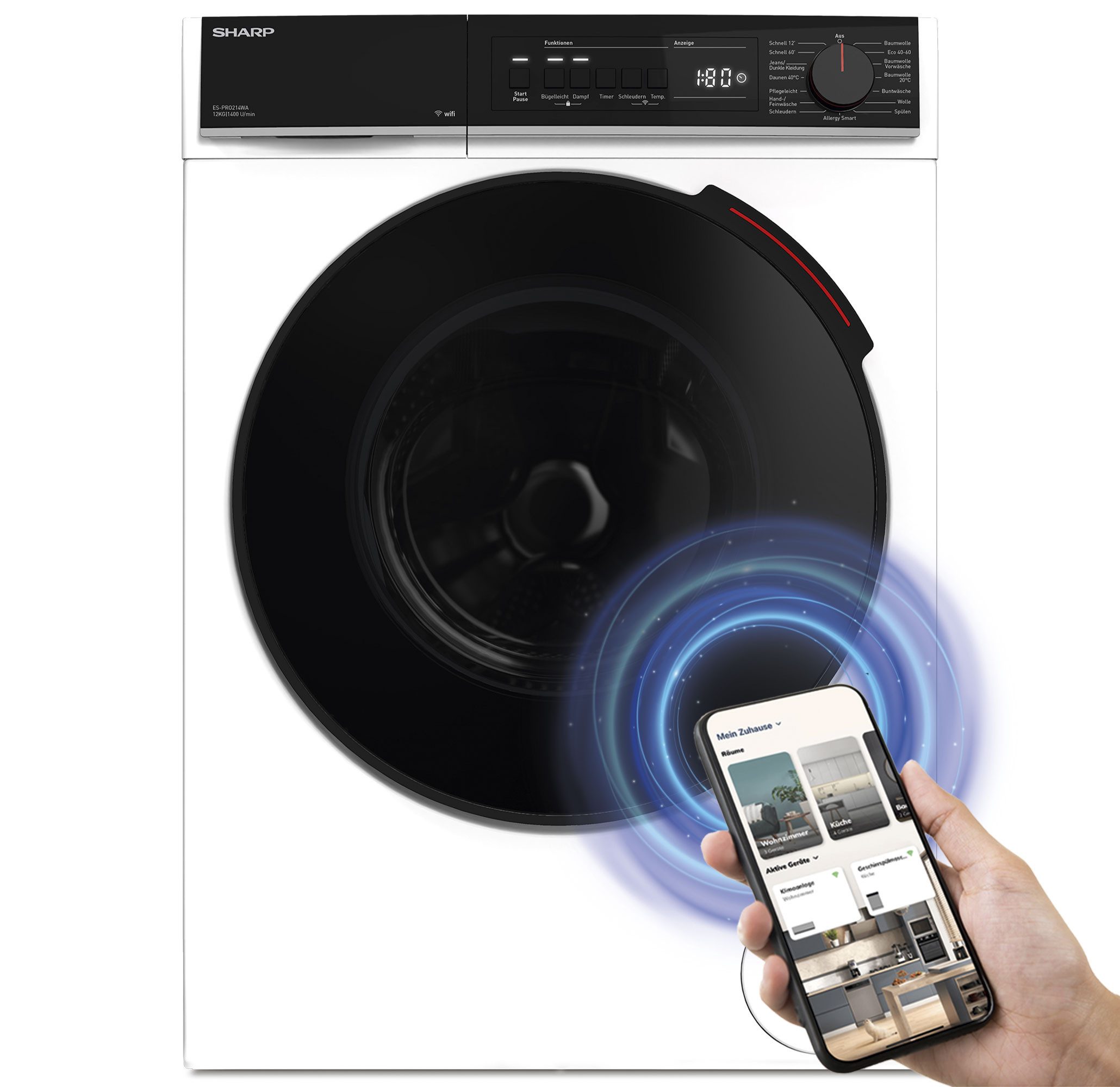 Sharp Waschmaschine ES-PRO214WA-DE, 12 kg, 1400 U/min, AllergySmart, Dampf, WIFI Steuerung per App, 12 kg