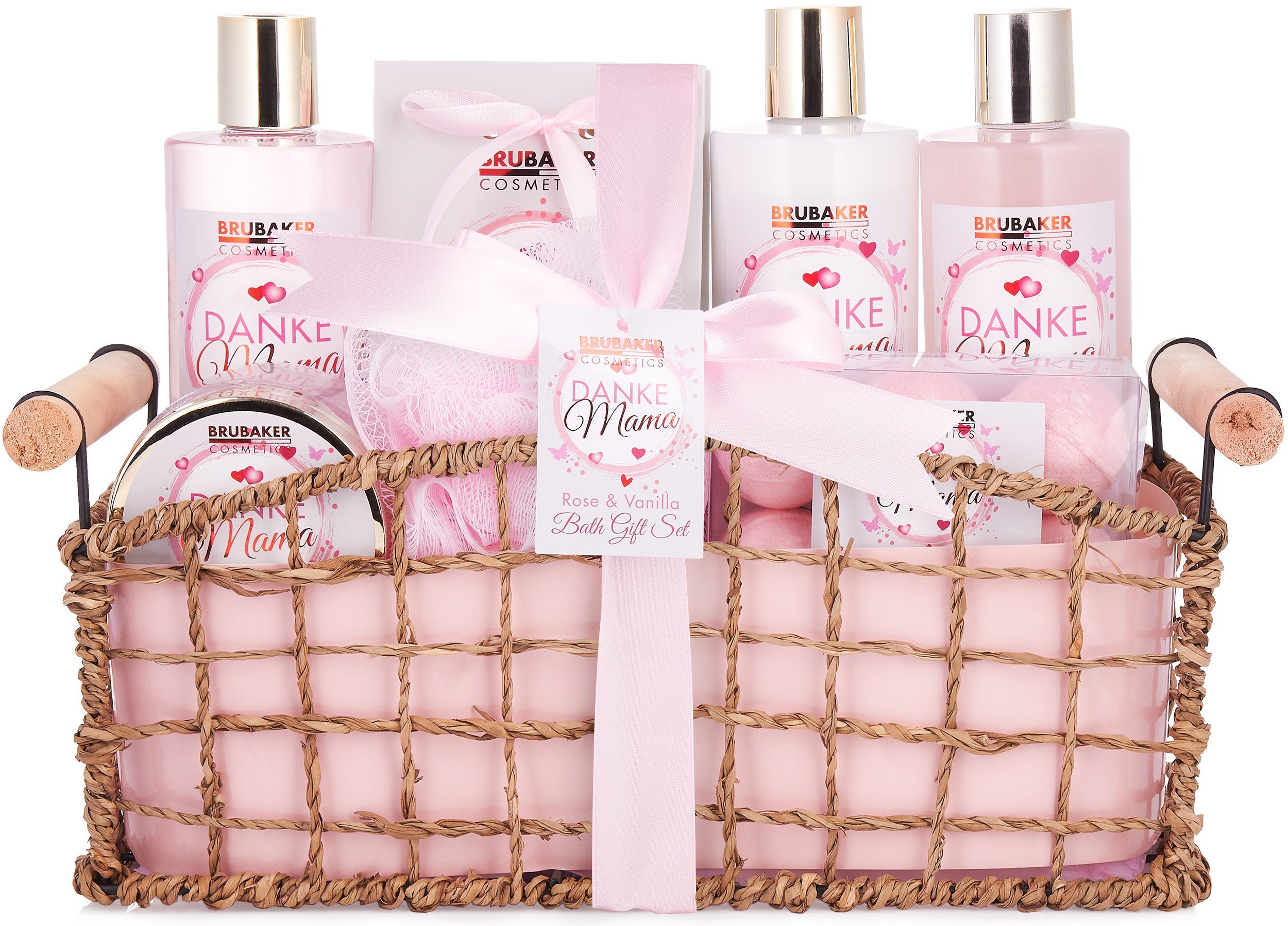 BRUBAKER Hautreinigungs-Set Danke Mama - Dusch- und Badeset, 13-tlg., Muttertagsgeschenk Beauty Geschenkset in dekorativem Korb, Mutter Pflegeset mit Rosen Vanille Duft, Geschenk für Mama