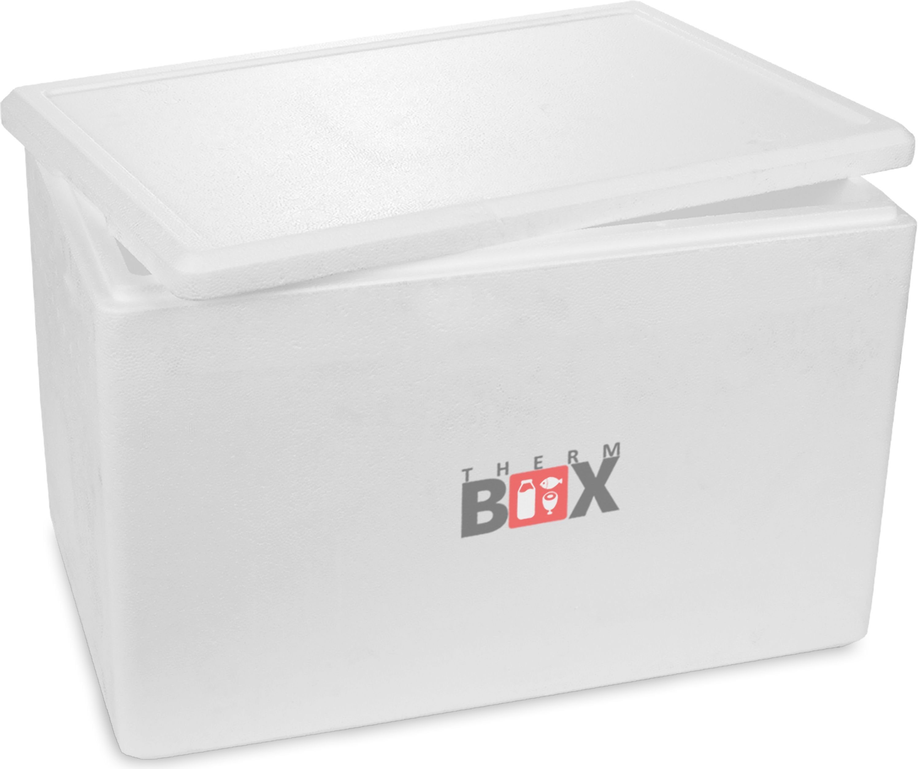 THERM-BOX Thermobehälter Styroporbox 61W Innen: 53x33x34cm Wand: 3cm 61,5L, Styropor-Verdichtet, (1, 0-tlg., Box mit Deckel im Karton), Isolierbox Thermobox Kühlbox Warmhaltebox Wiederverwendbar
