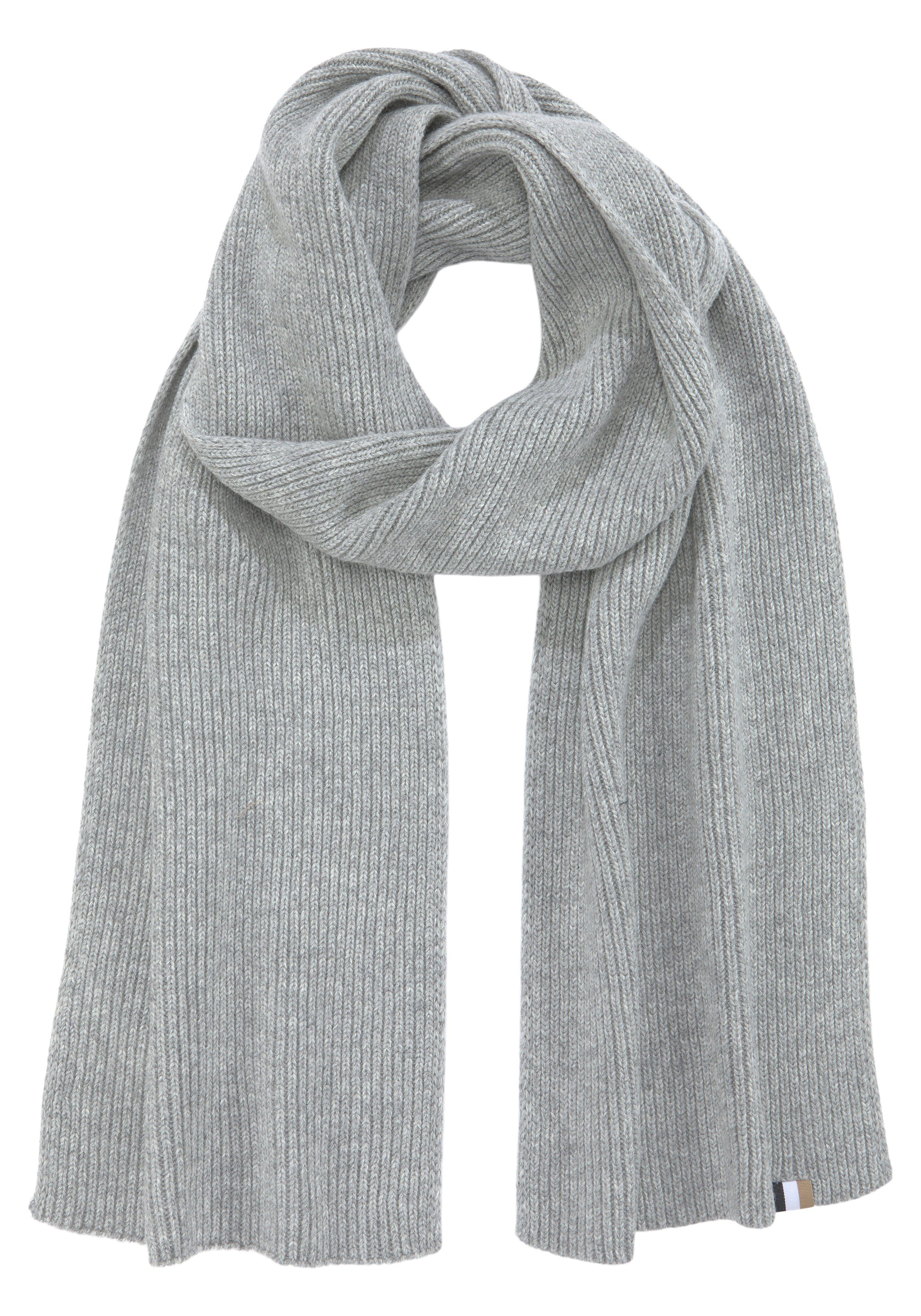 BOSS Schal Laura_scarf, gerippt, mit feinem Strickmuster und Signature-Streifen-Etikett Silver